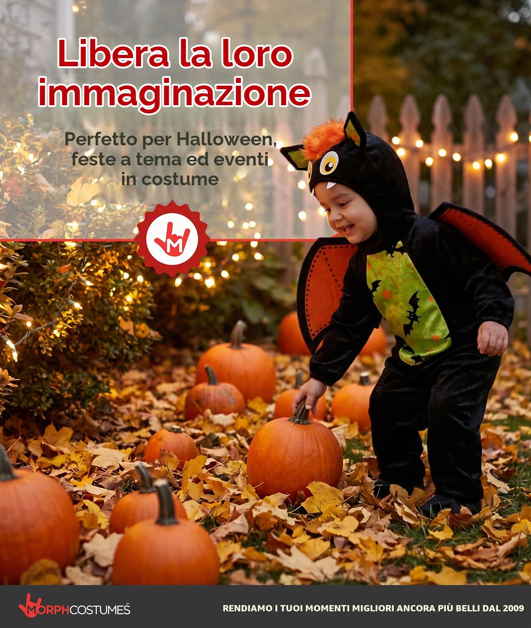 Morph Costume Pipistrello Bambino, Costume Halloween Nero | Body, Cappuccio, Ali & Copriscarpe, Design Nero e Verde, Perfetto per Halloween, Ideale per il Gioco di Ruolo