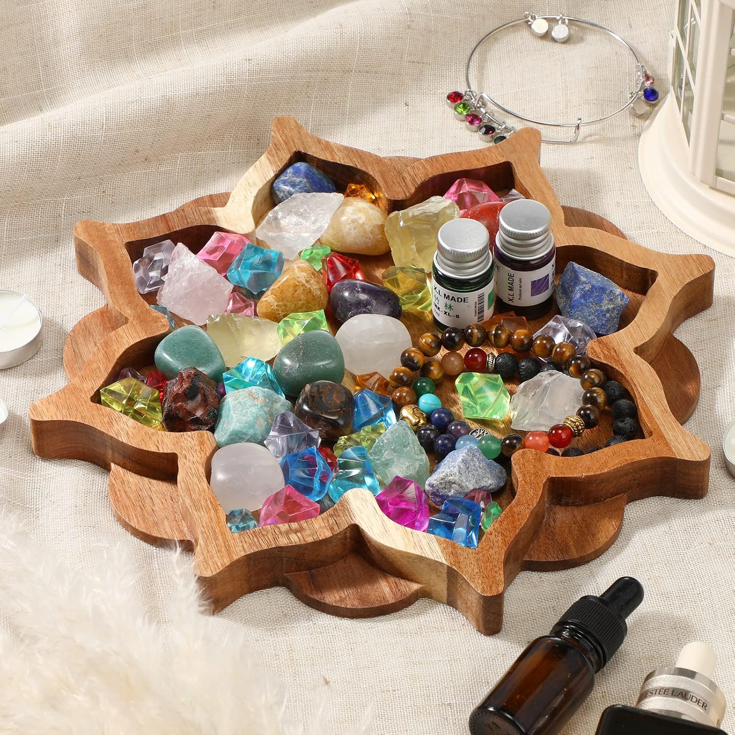 Vesici Lotus Crystal Tray for Stones, Wooden Holder, Elegant