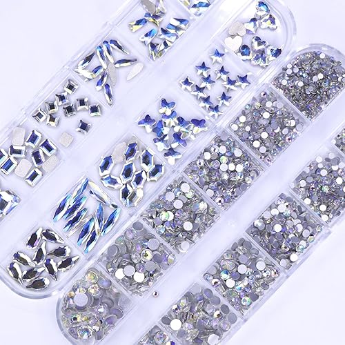 Miniatura 4 de BELICEY Diamantes de imitación para arte de uñas, blanco y azul, con parte trasera plana, redondos, piedras preciosas para uñas con cristales de