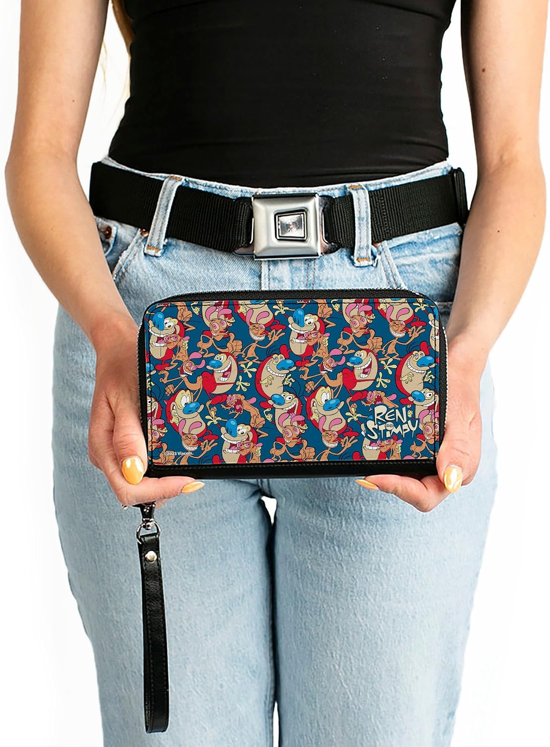 Buckle-Down Nickelodeon Wallet, Zip Around, Ren And Stimpy Multi Pose Collage Blue, Vegan Leather
