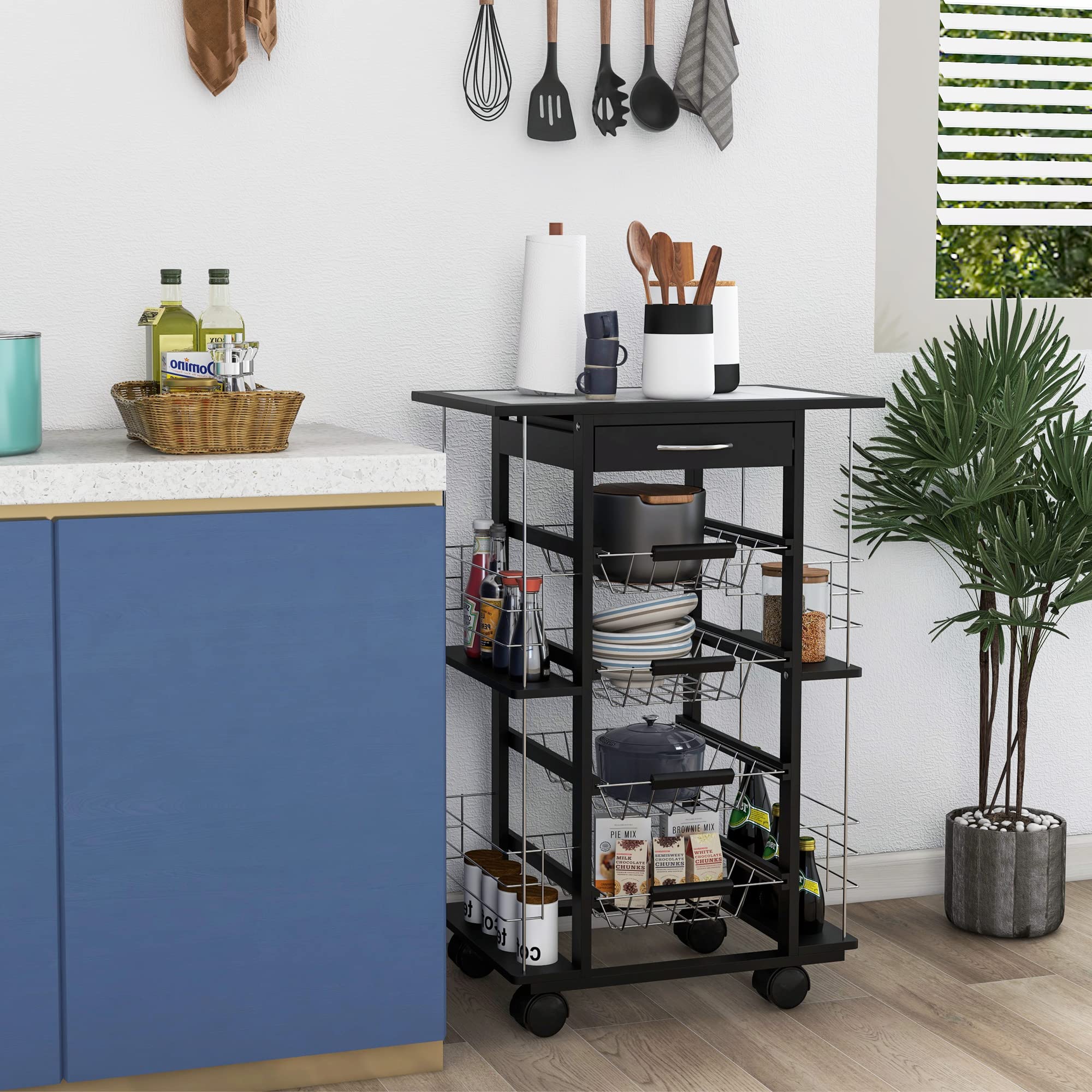 HOMCOM Carro de Servicio de Cocina con Ruedas, multialmacenamiento, 4 cestas de Metal cajón + 4 Botellas, Madera de Pino Negro, Bandeja de baldosas, Color Blanco