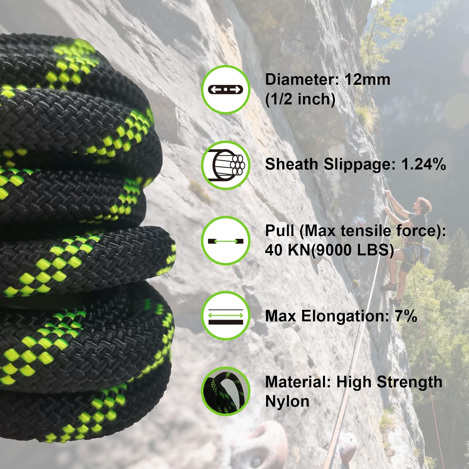 65ft Climbing Rope 20m Outdoor Static 1/2 inch Heavy Duty Rappelling Rope 12mm for Escape Rope Ice Climbing Equipment Fire Rescue Parachute Black with Fluorescent Green