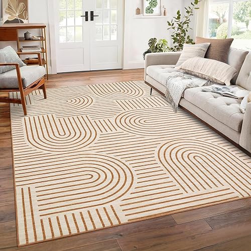 ROYHOME Washable Rug 6x9 Area Rugs for Living Room, Abstract Rug for Bedroom, Soft Rainbow Non Slip Throw Rugs with Rubber, Low Pile Stain Resistant Boho Geometric Carpet for Dining Room, Orange