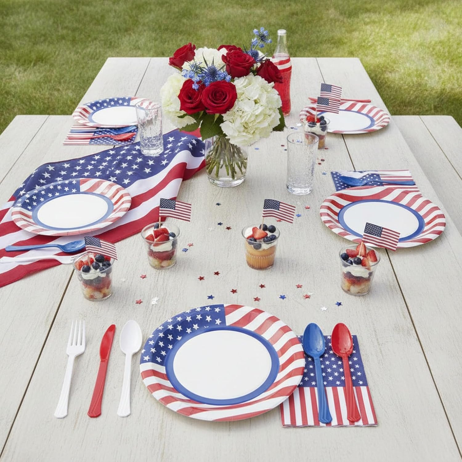 Jutom 300 Pack Patriotic Plastic Cutlery Set, 100 Forks 100 Spoons 100 Knives, Red White Blue Disposable Utensils for 4th of July Party Supplies, Independence Day, Memorial Day, 250th Anniversary