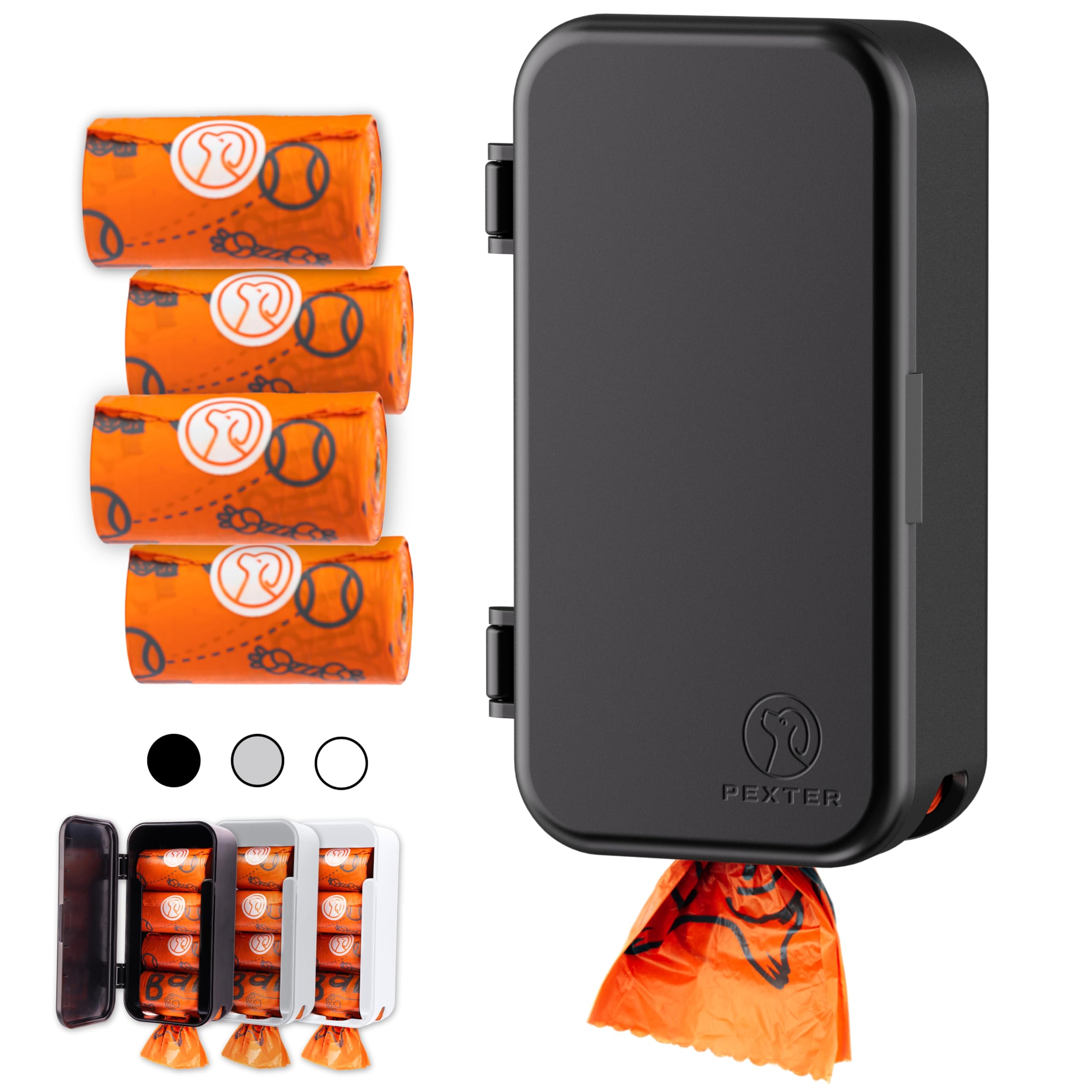 Pexter Dog Poop Bag Dispenser - Outdoor or Indoor Pet Waste Bag Dispenser Station - Stick-On or Screw-On Wall Mount - Poop Bags Storage Outdoor Container - Includes 4 Doggie Bag Rolls (Black)