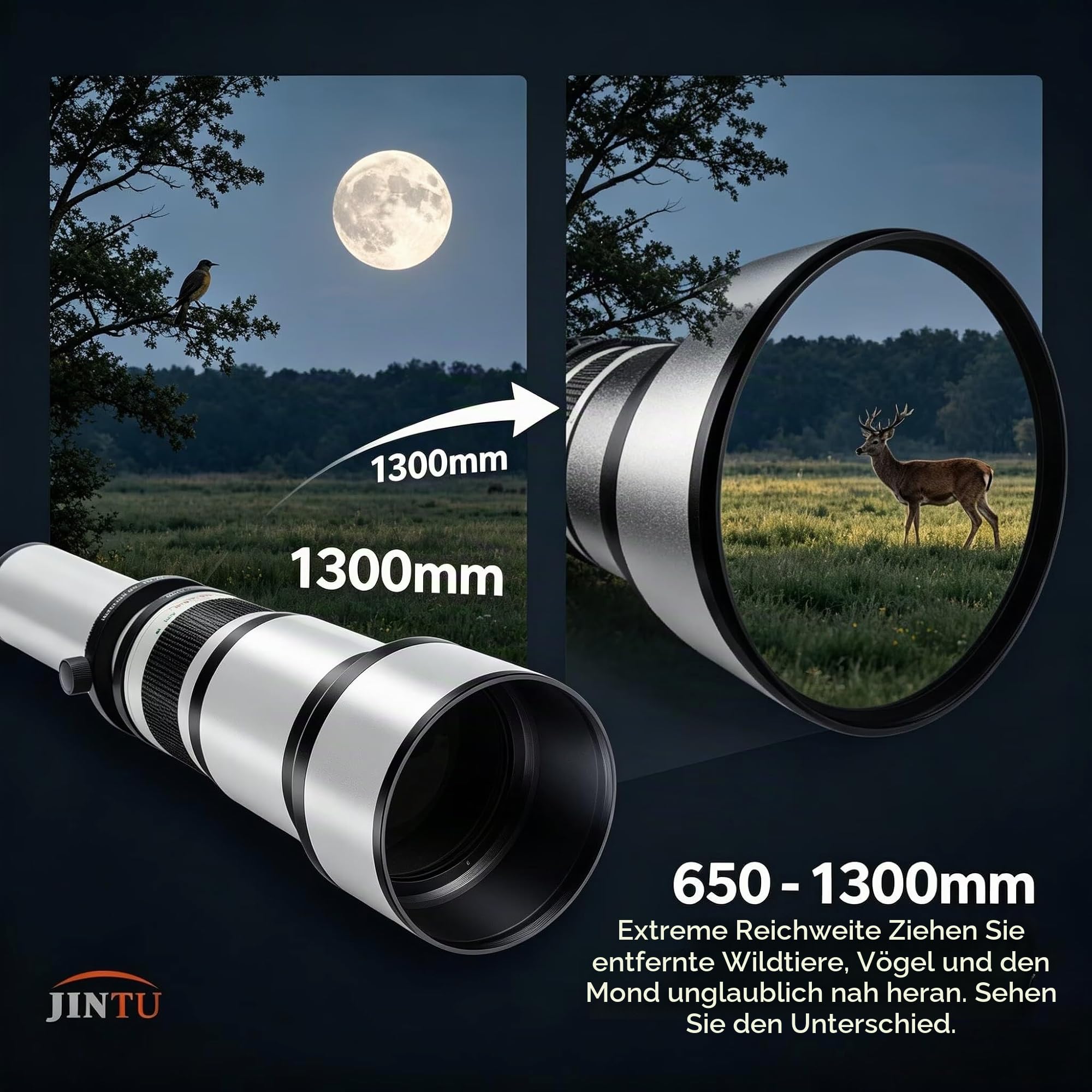 JINTU Teleobjektiv EF 650-1300mm F8 EF Objektiv für Canon SLR, Manueller Fokus MF Zoom Objektiv für Canon EOS Rebel T 4000D 2000D 1500D 1300D 1200D 850D 800D 750D 600D 500D 250D 90D 80D 77D 7D 6D 5D