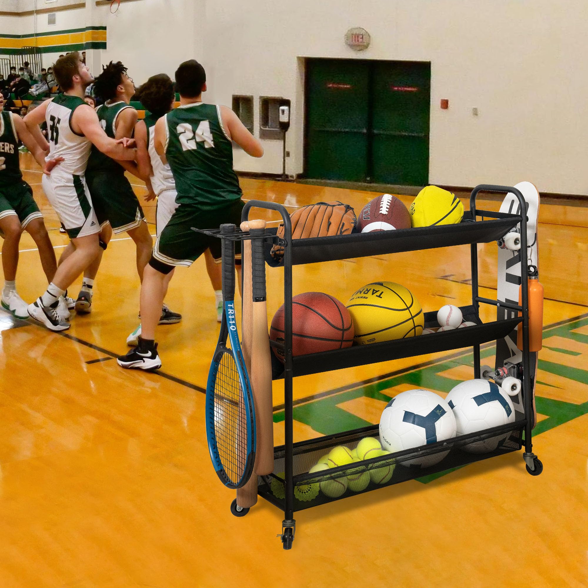 STORAGE MANIAC Basketballständer mit 3 Ablagen, Trainingsständer, Ballhalter, Sportballwagen, Garage, Organizer, Ballkorb, Aufbewahrung, Ballregal für Garage oder Fitnessstudio, Indoor- und