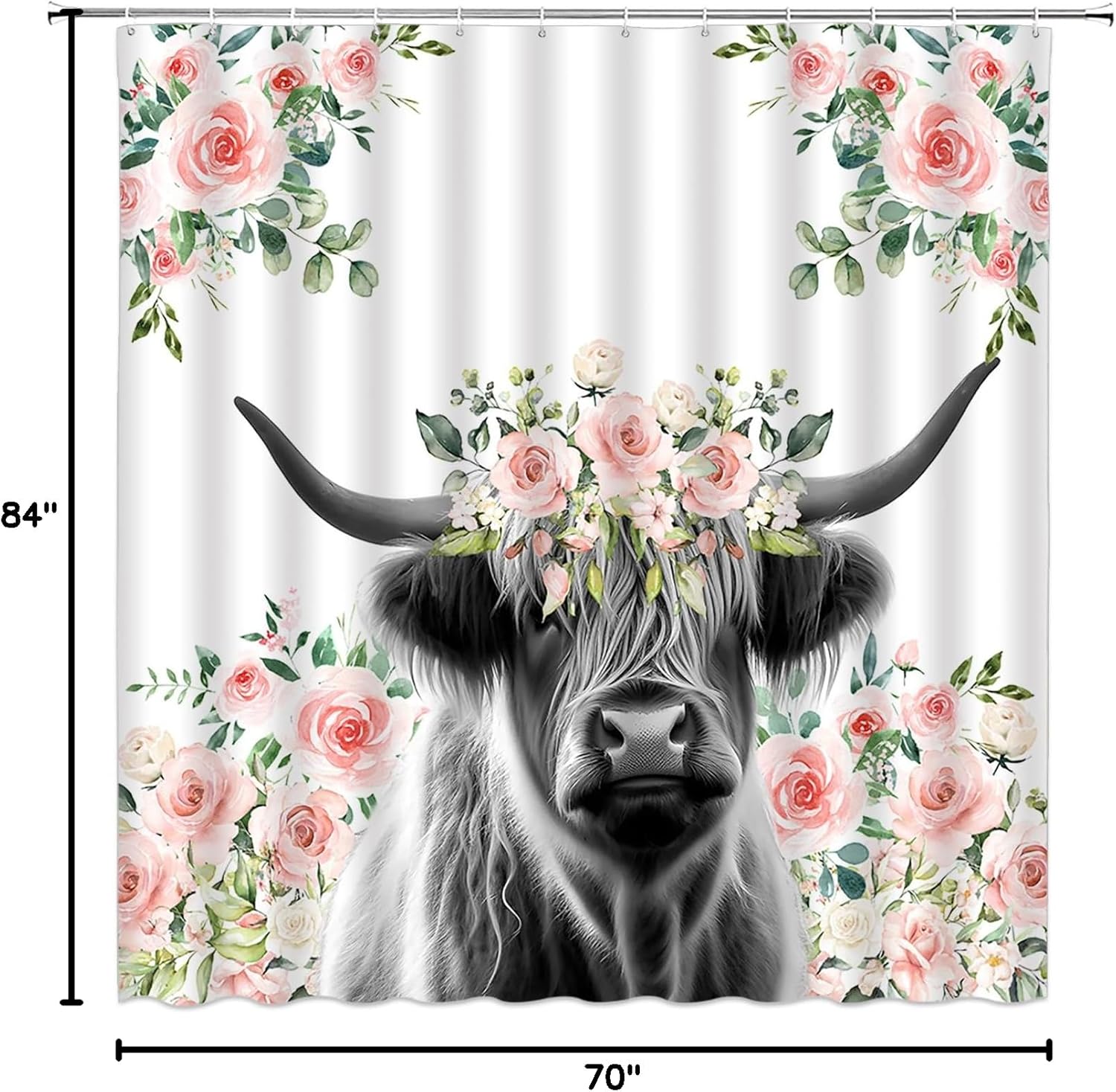 Highland Cow Shower Curtain Funny Animal Farmhouse Pink Flowers Cattle Wildlife Fabric Bathroom Decor Set with Hooks（70"Wx84"H）