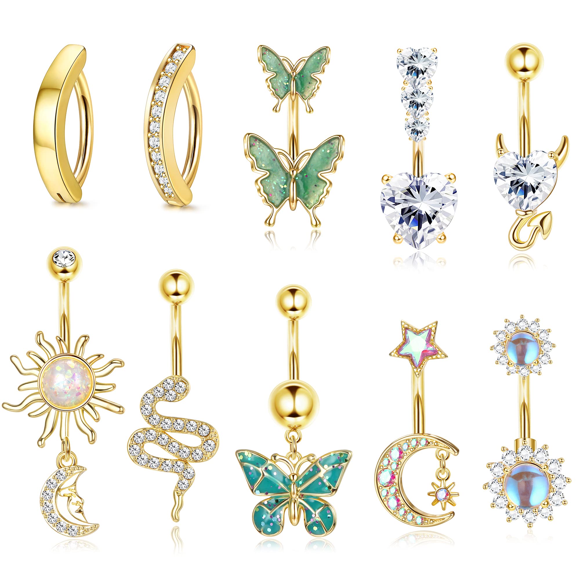 MILACOLATO 10Pcs 14G Barras De Ombligo Para Mujeres Barra De Vientre De Acero inoxidable Corazón Serpiente Mariposa CZ Dangly Barras De Ombligo Piercing Jewellery Ombligo Joyería De Perforación