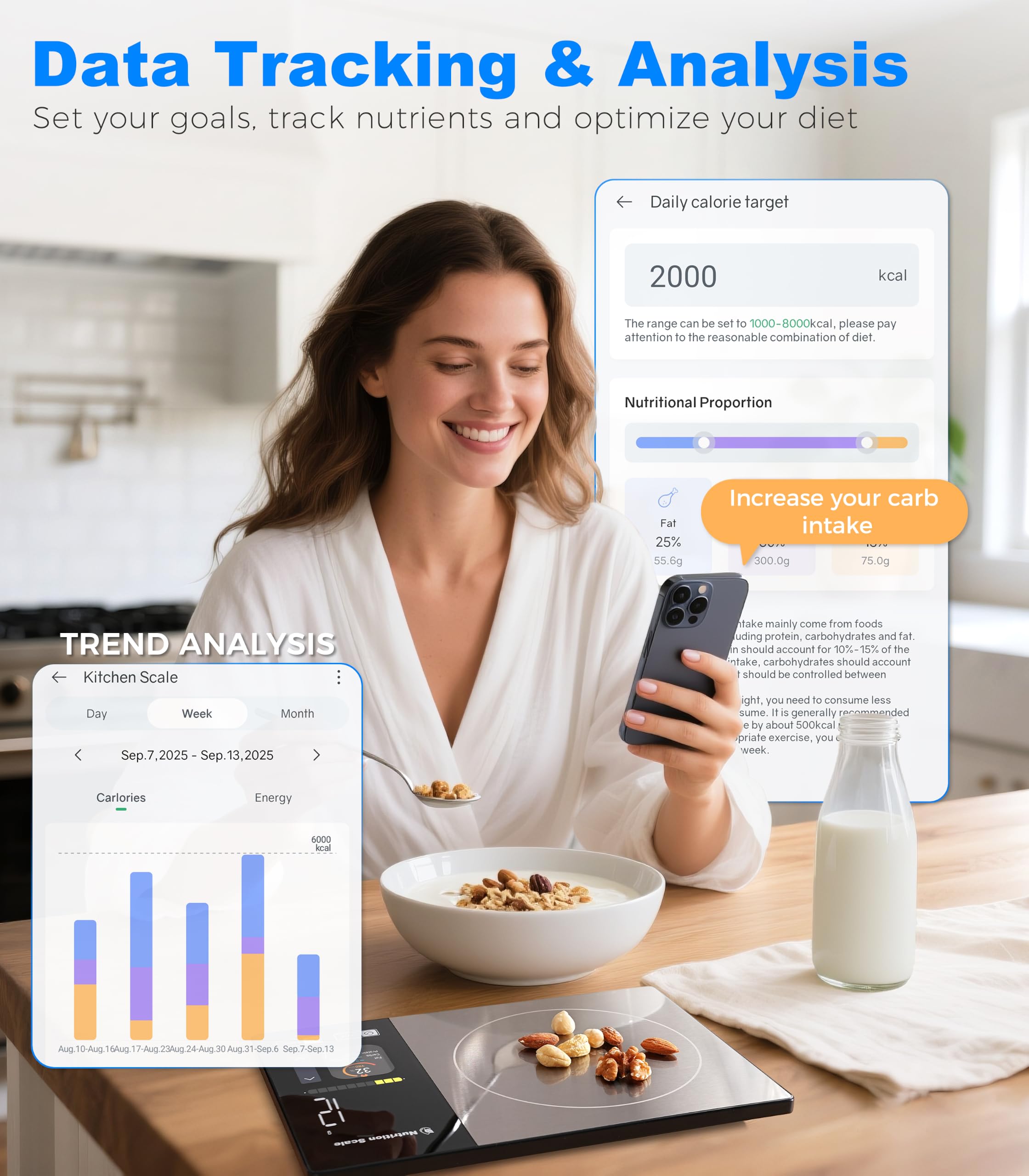 Bilancia intelligente per alimenti con calcolatrice nutrizionale, bilancia calorie per dimagrire, selezione rapida degli alimenti e monitoraggio dei 23 nutrienti, display a colori con 5 unità