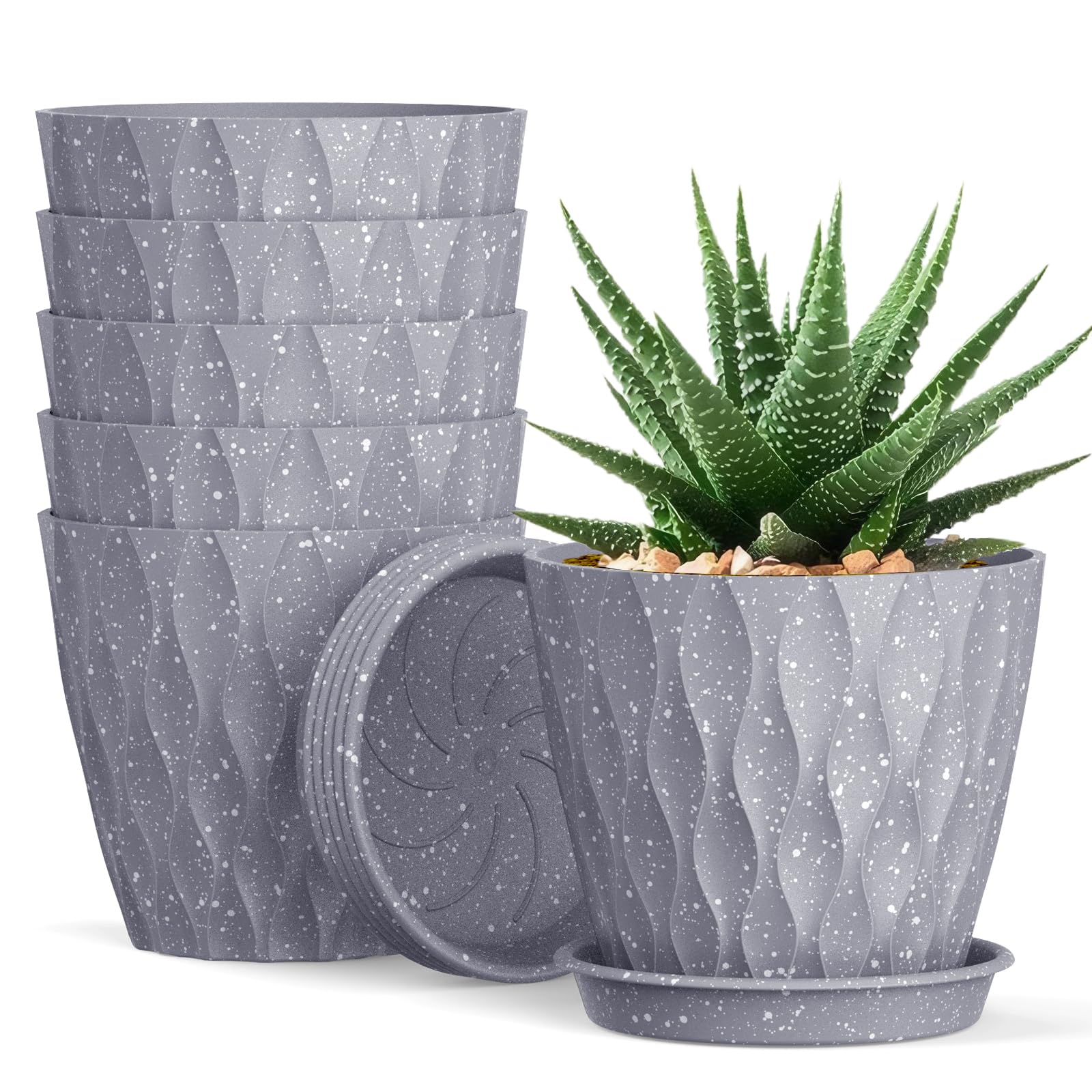 Homeuouz 6er Set Blumentöpfe 10cm – Waffelmuster mit Untersetzer, Plastik mit Löchern, für Sukkulenten, Innen & Outdoor, für Balkon & Garten, Graue Sprenkel