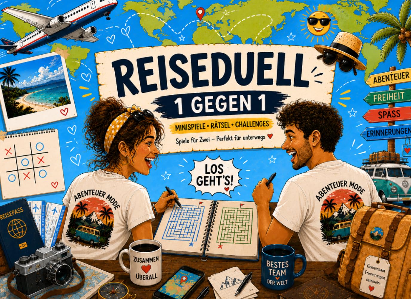 Reiseduell für Paare – 1 gegen 1: Minispiele für Reisen, Urlaub und gemeinsame Abenteuer | Duell für Paare | Ideal für Auto, Zug, Flugzeug und Camping