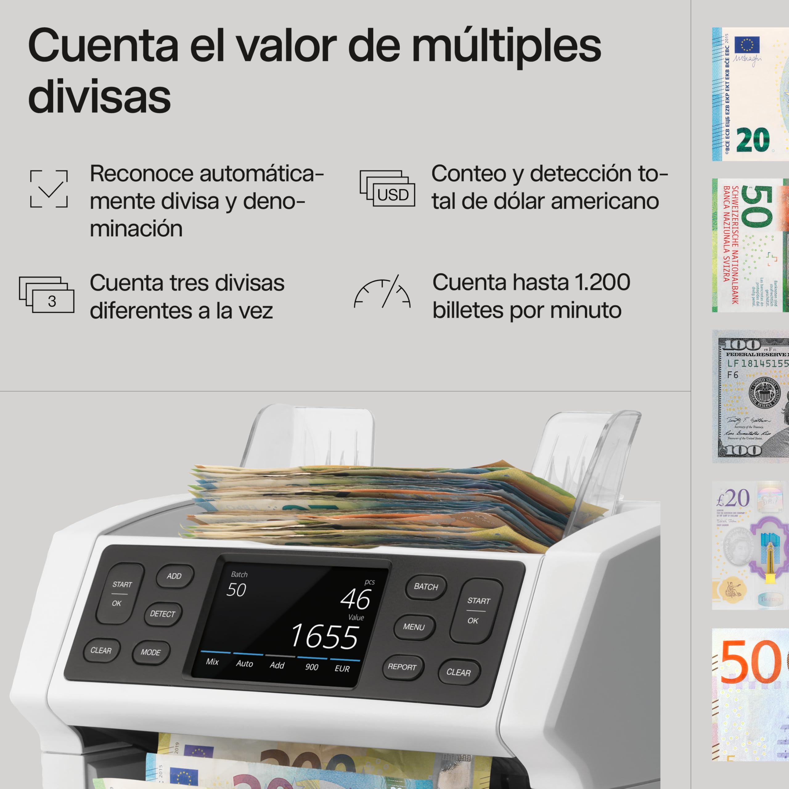 Safescan 2885-S Contadora de billetes, cuenta el valor de billetes mezclados incluyendo USD - Contadora detectora de billetes falsos en 7 puntos - Máquina para contar billetes con interfaz multilingüe
