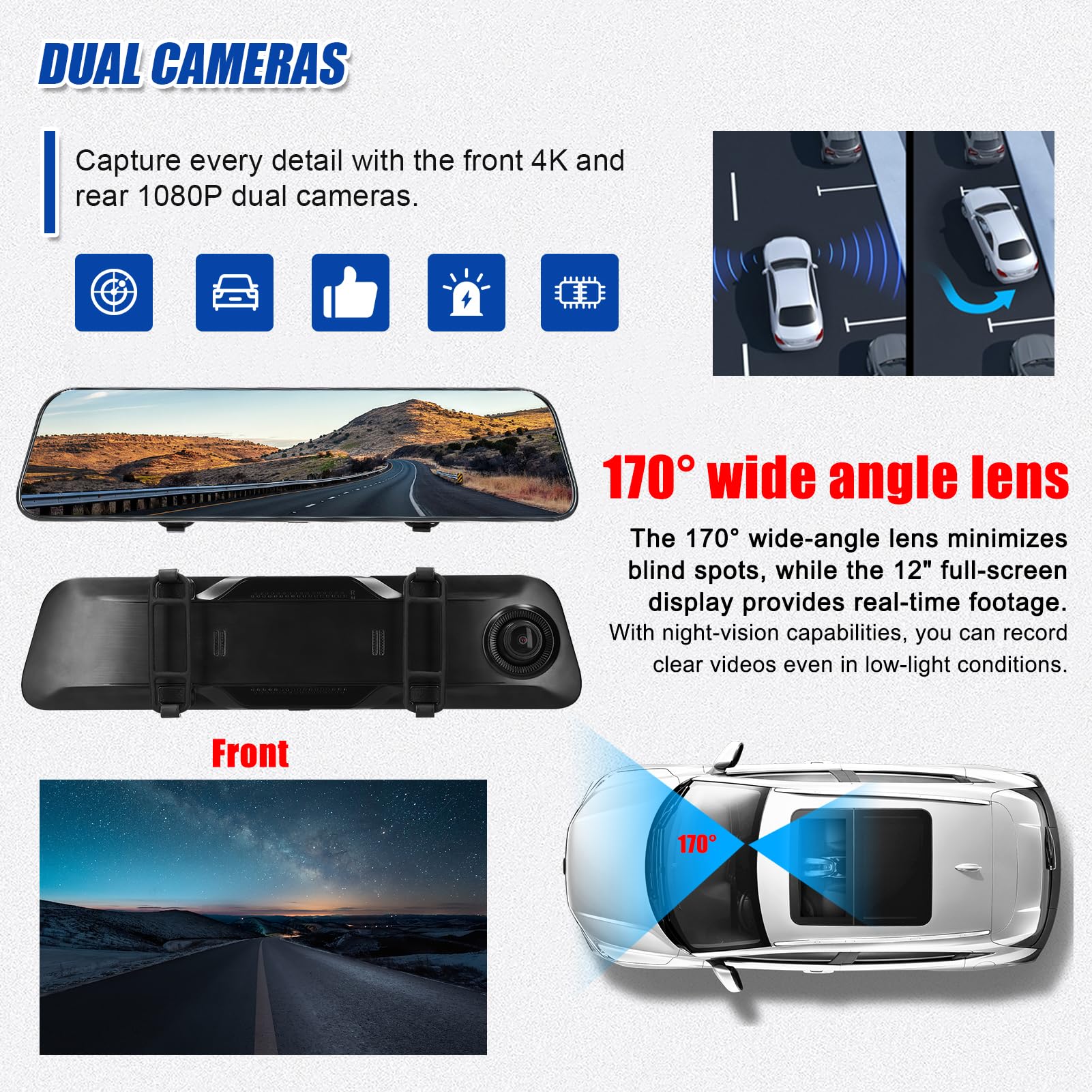 Shkalacar Kamera na desce rozdzielczej z lustrem 4K 12-calowy ekran dotykowy Full Stream Media Dash Cam podwójna kamera przednia i tylna WiFi zintegrowana z obsługą GPS i kartą pamięci