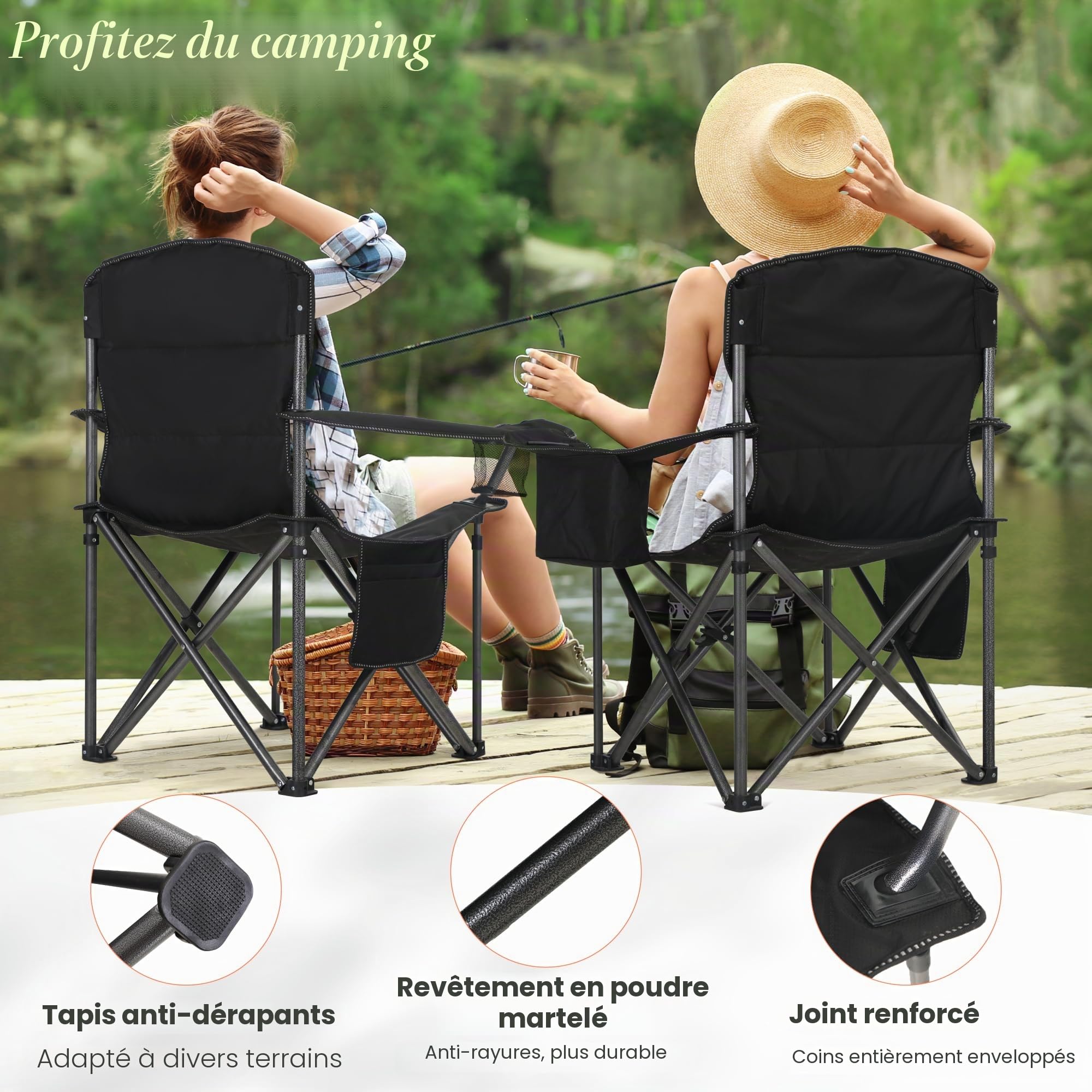 HIGH POINT SPORTS Chaise Pliante Camping 200KG, Chaise de Camping Pliable Portable Surdimensionnée Chaise Pliante Exterieur et Interieur Fauteuil Camping Chaise de Peche Noir