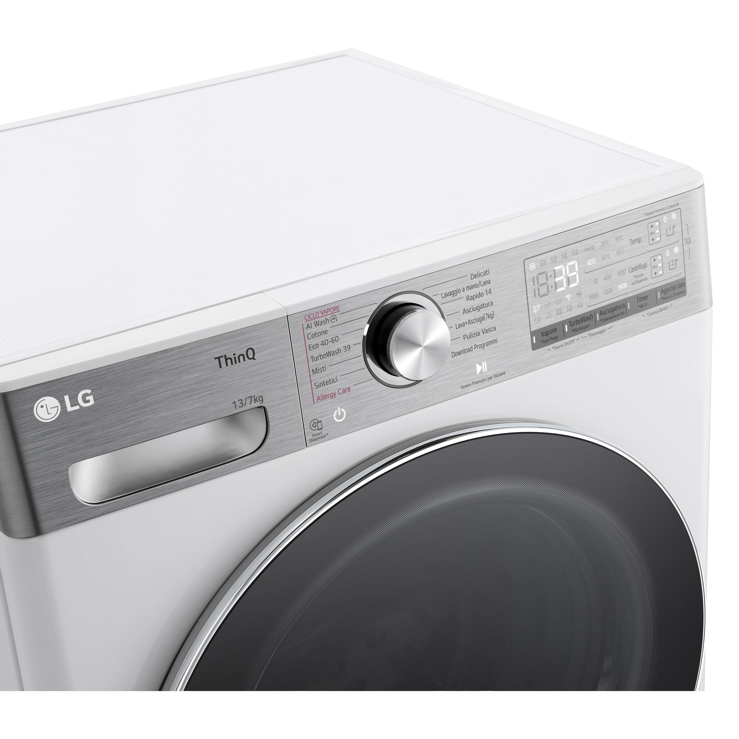 LG AI DD D4R9513TPWC Lavasciuga 13/7kg, Serie R9, Classe D, Lavatrice Asciugatrice, 1400 Giri, TurboWash 360, Vapore Steam+ e Antipiega, Autodosaggio, Wi-Fi, Bianca