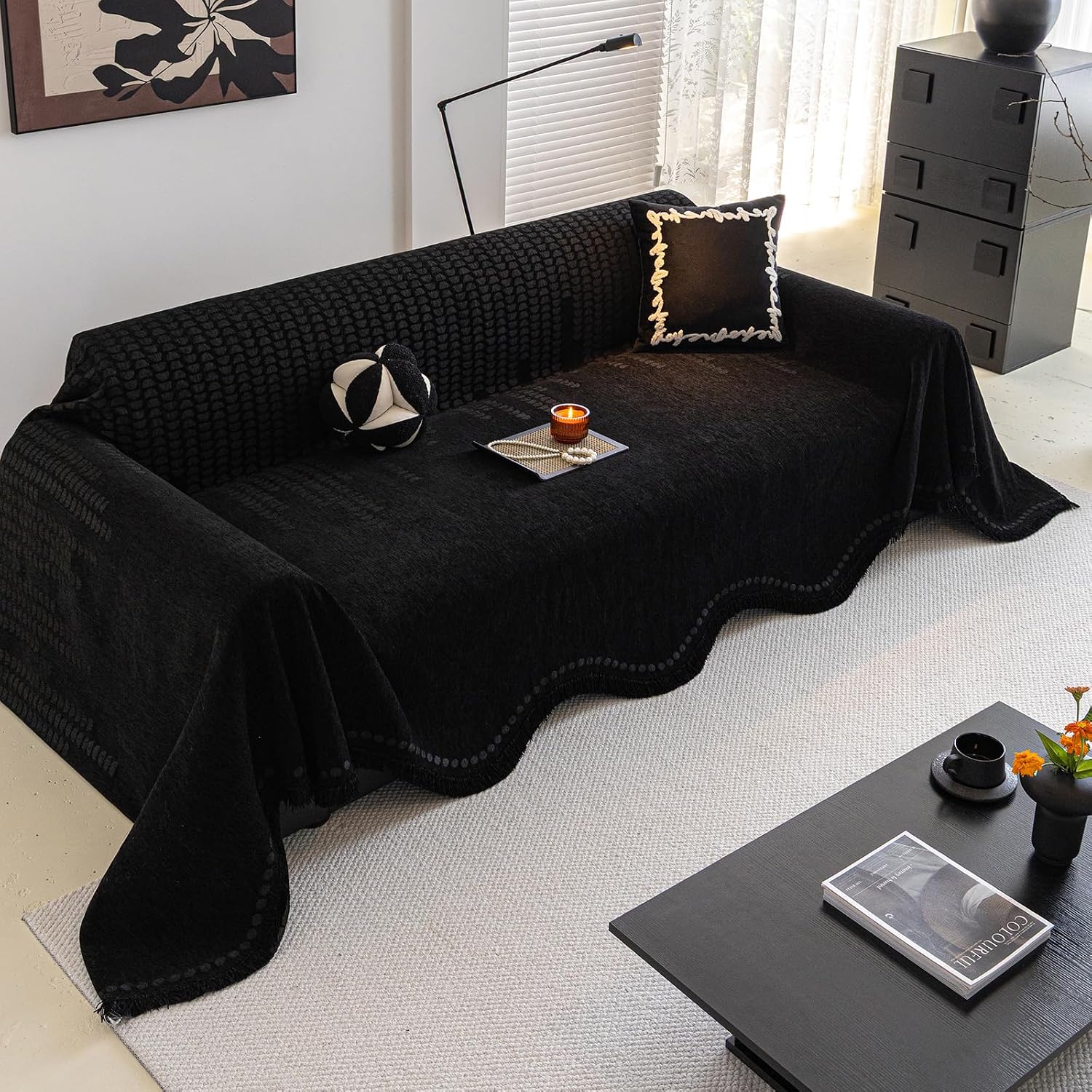 ROOMLIFE Black Sofa Cover, Vintage Boho Couch Cover for 3 Cushion Sofa, Non Slip Soft Chenille Sofa Slipcovers for Dog, Washable Furniture Sofa Protector Cover with Tassel for Living Room, 71''X118”