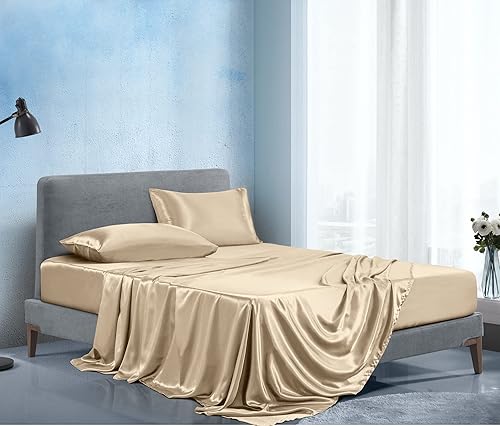 Vista 75 de Manyshofu Satin King Sheets Set - 4 Piece, Camel Gold, Cooling & Luxury Bedding (1 Fitted, 1 Flat, 2 Pillow Cases)