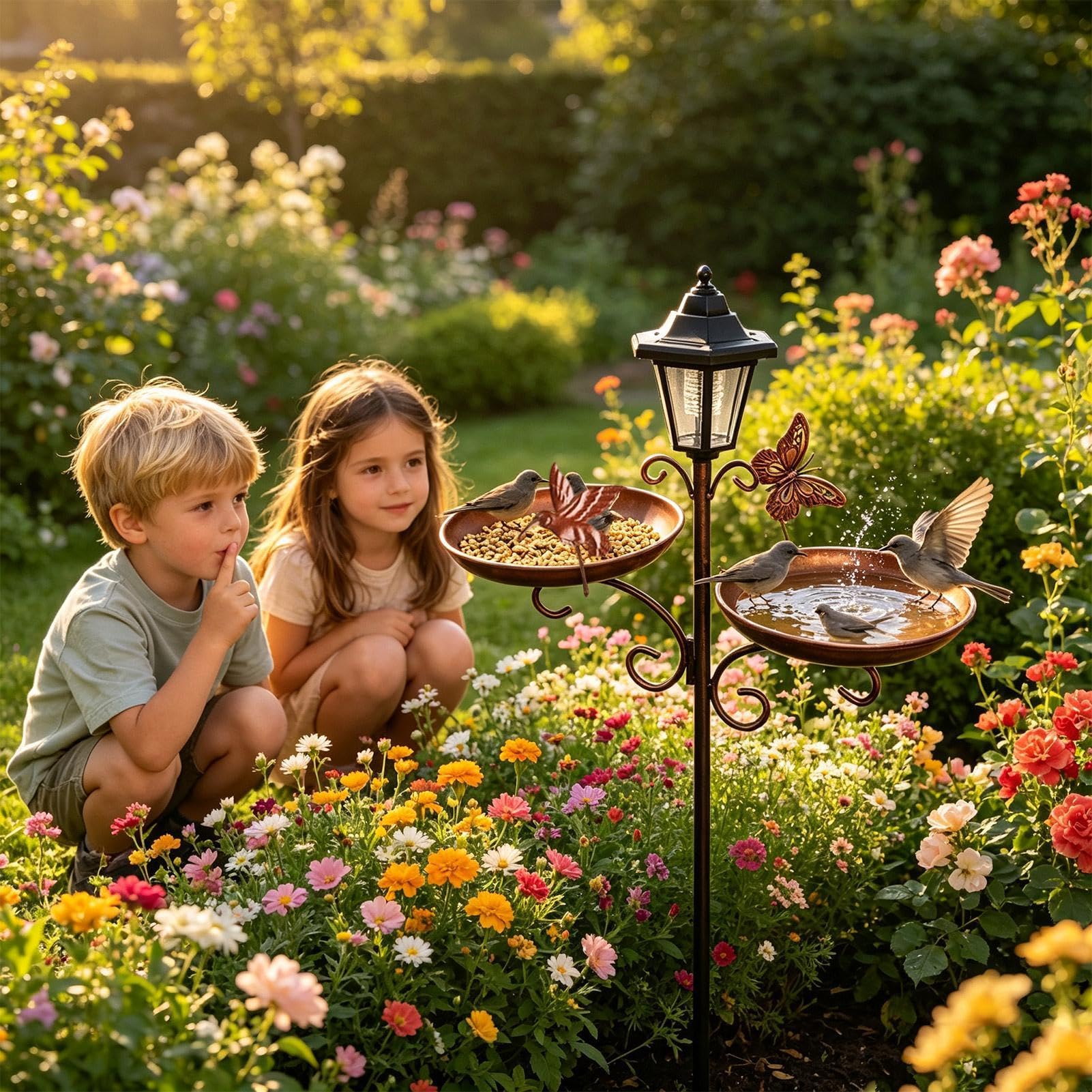 Vasca Da Esterno Per Uccelli Vassoio Mangime e Acqua per Uccelli con Luce | Mangiatoia Da Prato adatto a Giardino Balcone Patio Cortile Esterno Prato Terrazza