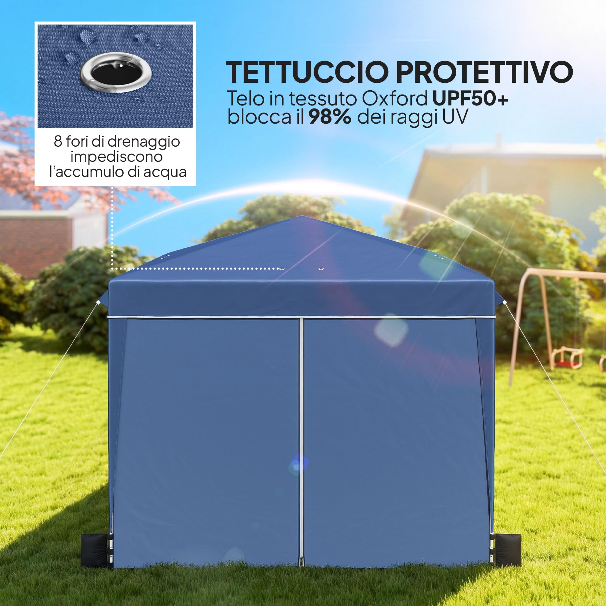 Outsunny Gazebo 3x3m Pieghevole Pop Up Altezza Regolabile, Gazebo da Giardino con Pareti Laterali, UV50+, Blu Scuro