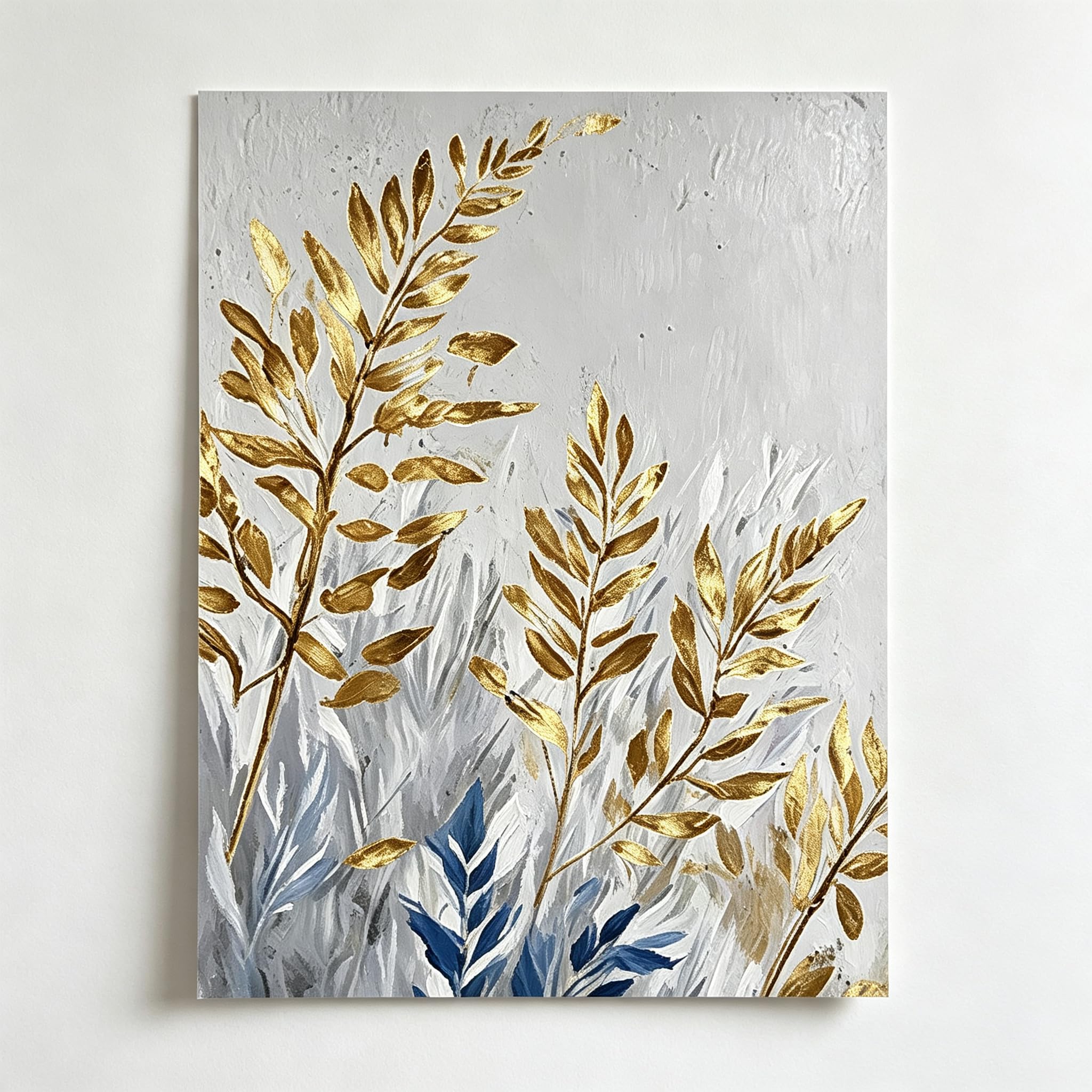 Rumlly Gold Blue Wheat Leaf Wall Art Neutral Grey Abstract Botanical Canvas70x100cm