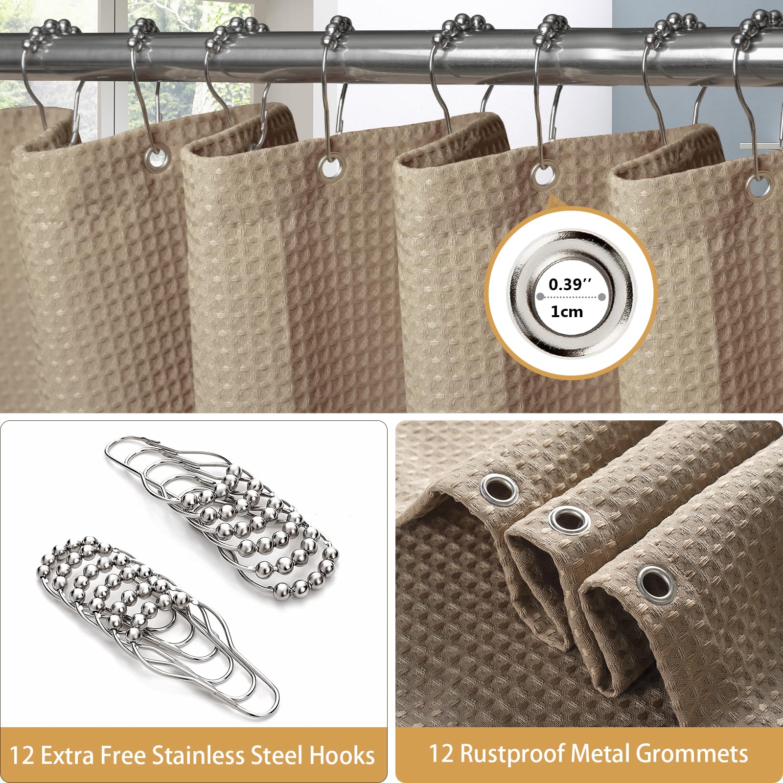 VANZAVANZU Shower Curtain for Bathroom with Metal Hooks Waffle Fabric Shower Curtain Heavy Duty Bath Curtain for Wet Room Bathtub Shower Stall Weighted Hem - Image 4