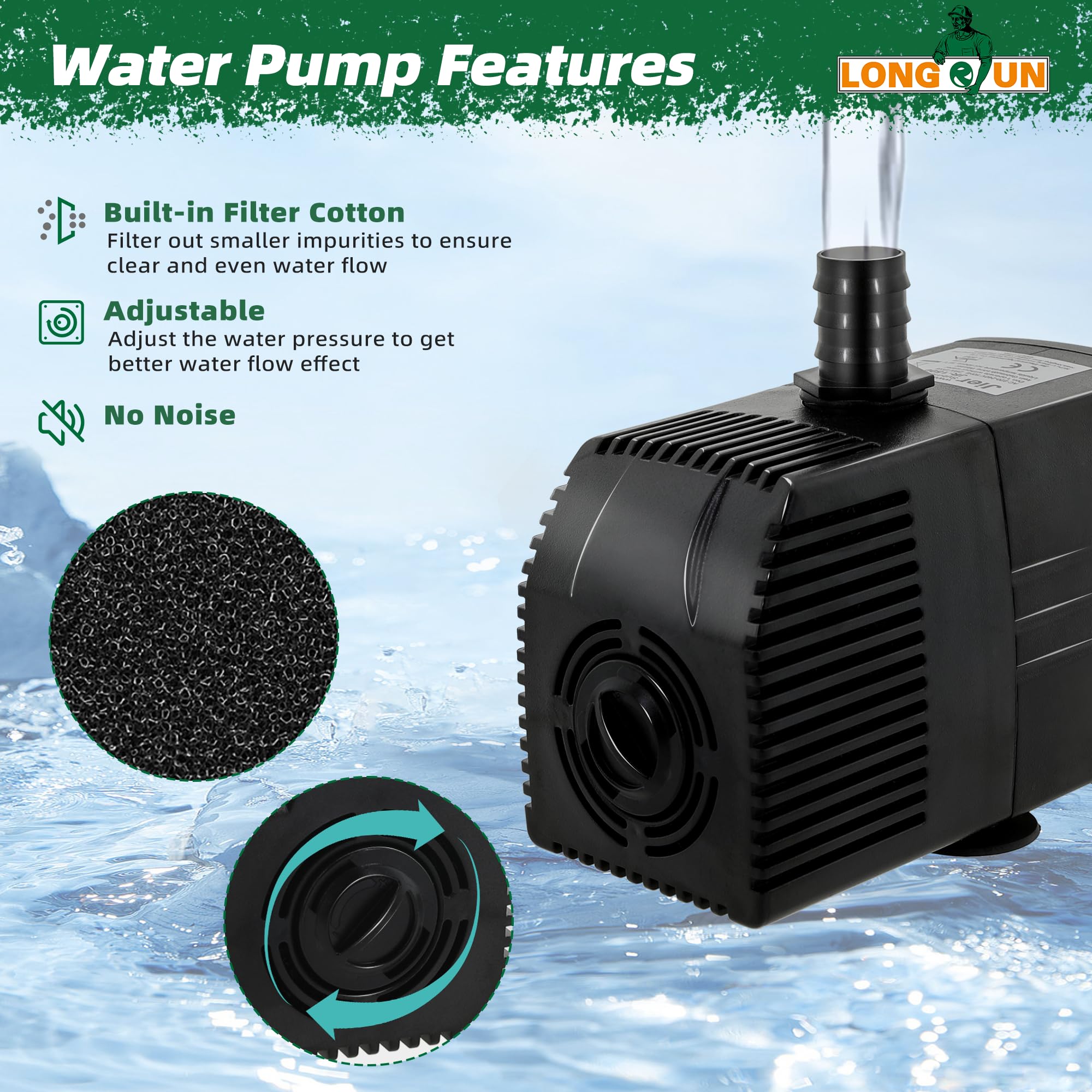 LONGRUN 23cm Teich-Wasserfall,304 Edelstahl Pool-Wasserfall mit Wasserpumpe,7 Farben Bluetooth LED Garten Brunnen