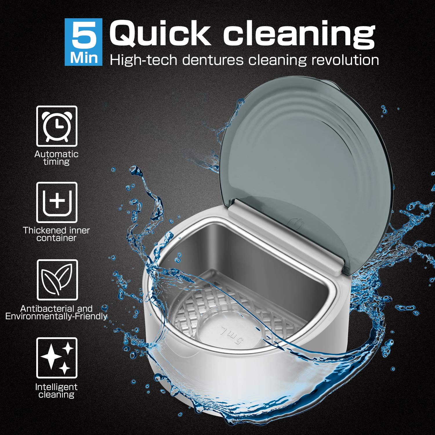 BlumWay Nettoyeur à ultrasons, appareil de nettoyage pour prothèses dentaires, soins dentifrice invisible pour prothèses à voix basse, plus facile à nettoyer, cadeau parfait pour les personnes âgées