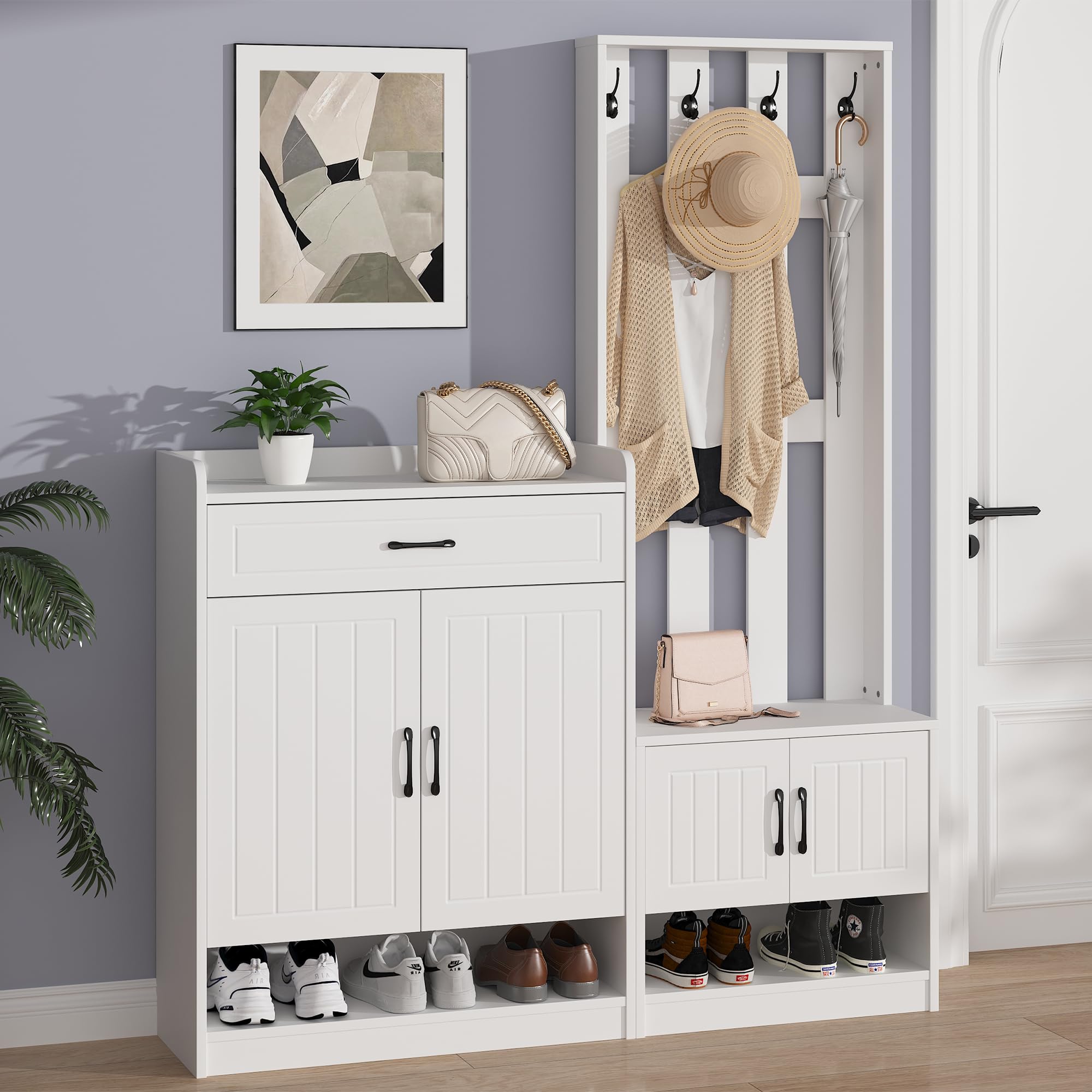Garderobenset Wandgarderobe, Garderoben Set mit Schuhbank und Wandpaneelen, Garderobenständer, Flurgarderobe Set mit Schubladen und Türen, Flurtrockenständer, Weiß Flurmöbel 140.6x32x180 cm