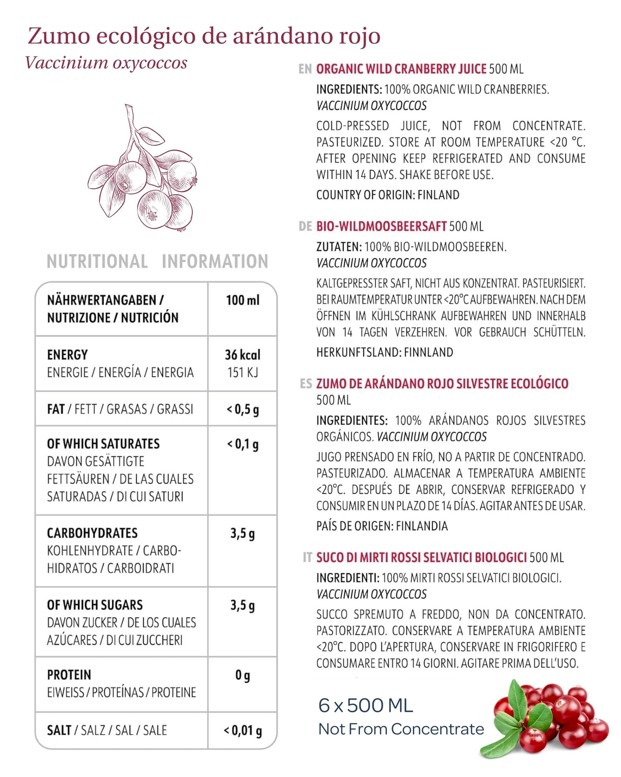 Zumo de arándano orgánico 100% puro, sin azúcar añadido, prensado en frío, arándanos nórdicos silvestres, intenso y sin azúcar, 6 botellas de vidrio de 500 ml