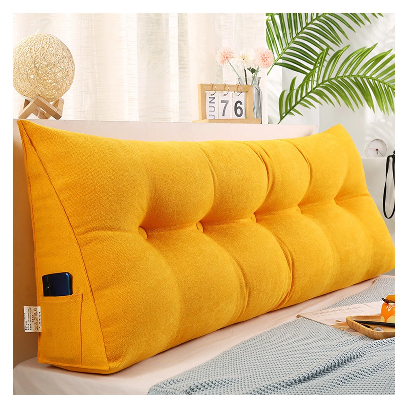 Cuscino a cuneo per testiera, versatile cuscino per la lettura a due letti con fodera rimovibile e tasca laterale, grande cuscino triangolare a due letti per sedersi a letto(Yellow,180*50*20cm)