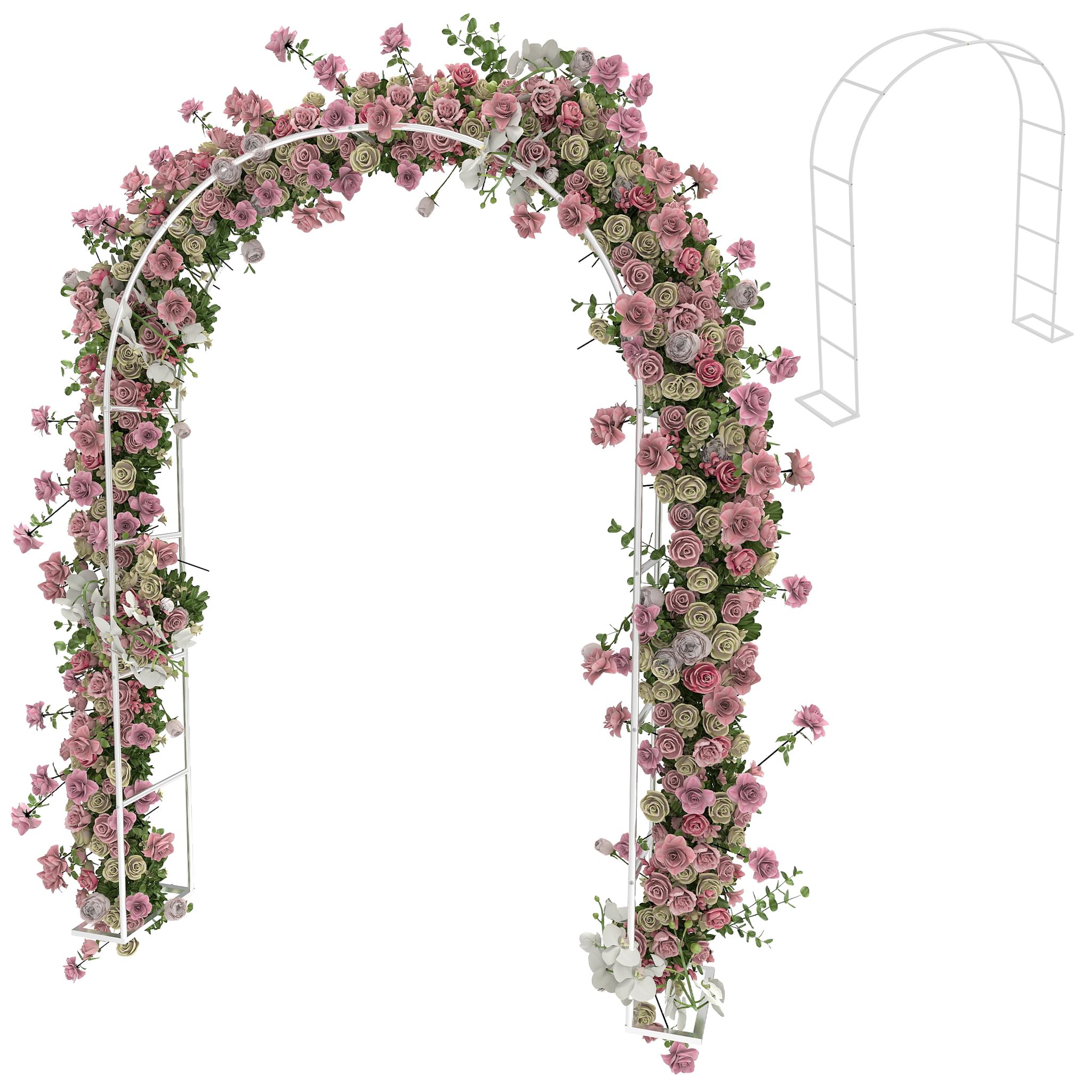 Yunvin Metal Garden Arch, 2.4m Rose Arch Trellis with Base, Steel Frame for Climbing Plants, Roses, Wedding Arch, Garden Decoration, Freestanding Rose Frame, White