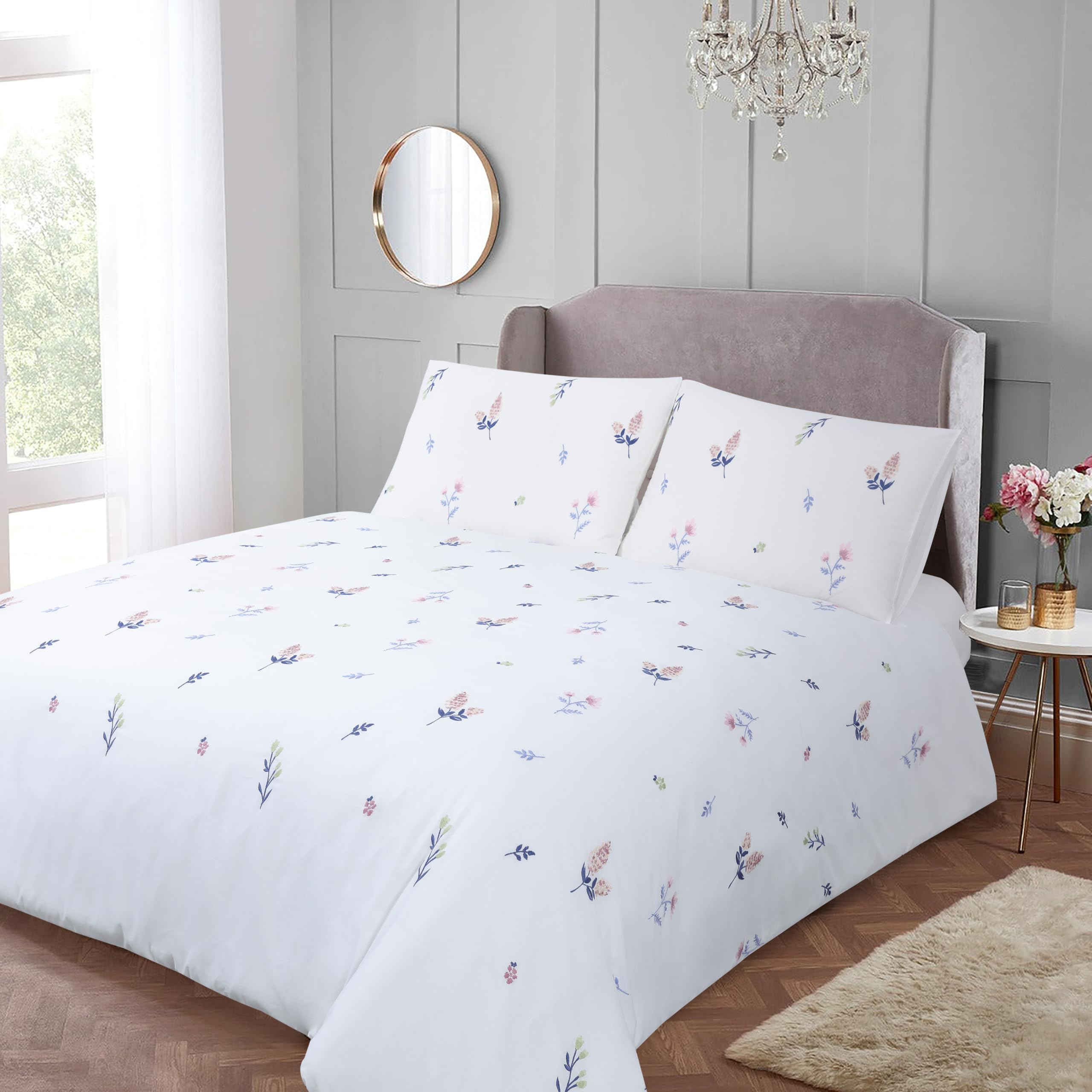 YINFUNG White Double Duvet Cover Floral Bedding Embroidered Cotton Double Bedding Set Flower Quilt Cover Soft Breathable with 2 Pillowcases (White, Double 200x200 cm)