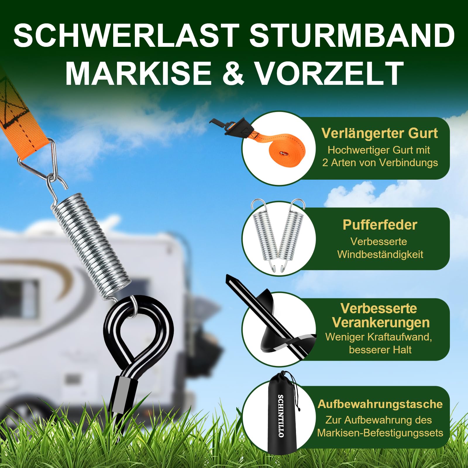 Kit di Fissaggio per Tendalini Cinghie Anti-tempesta per Tendalini di Camper, Accessori per Tendalini Set Completo di Protezione Anti-tempesta per Tendalini di Roulotte con Ancoraggi a Terra da 39cm