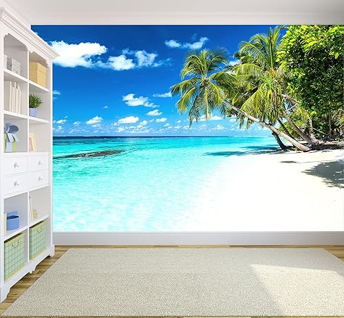 Miniatura 5 de Reyhui - Papel tapiz con imagen de palmera, paraíso tropical, playa, paisaje marino, para paredes de dormitorio, sala de estar, fondo de televisión,