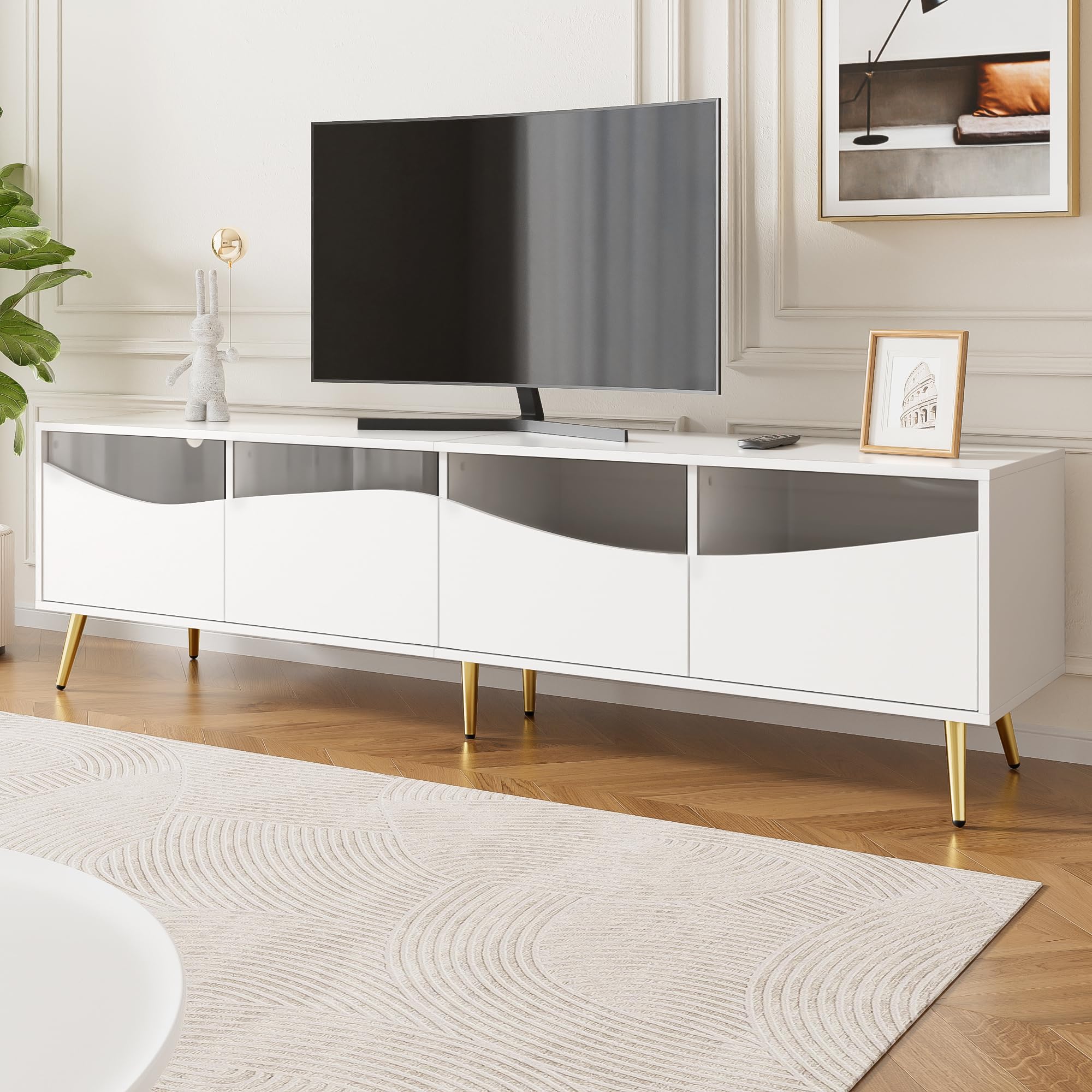Meuble TV 180 cm avec LED, façade en verre, espace de rangement et pieds en métal doré, blanc pour salon