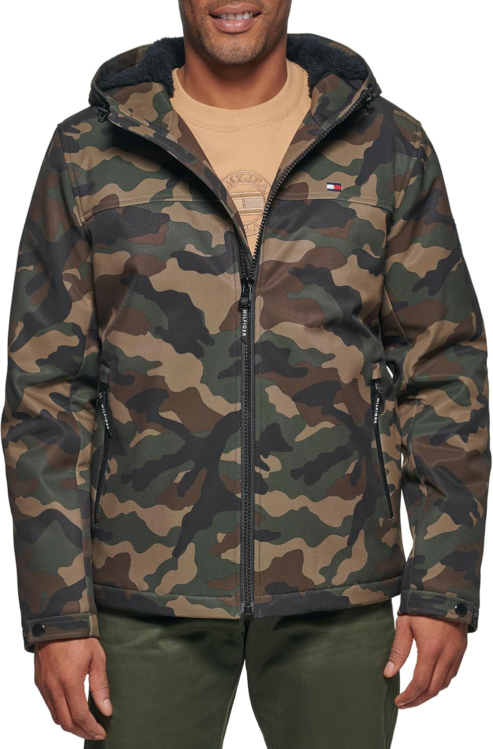 Tommy Hilfiger Men's Filled Soft Shell Hooded Open Bottom Jacket With Full Sherpa Lining