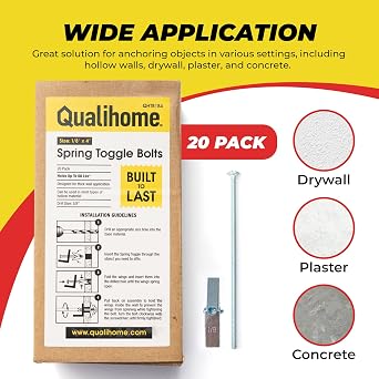 QUALIHOME Spring Toggle Bolt Anchors - Heavy Duty Wall Anchors for Hanging Items w/Hollow Walls & More - Stainless Steel Hollow Wall Anchor for Frames, Shelves, Mirrors & More, 20 Pack (1/8 x 4)