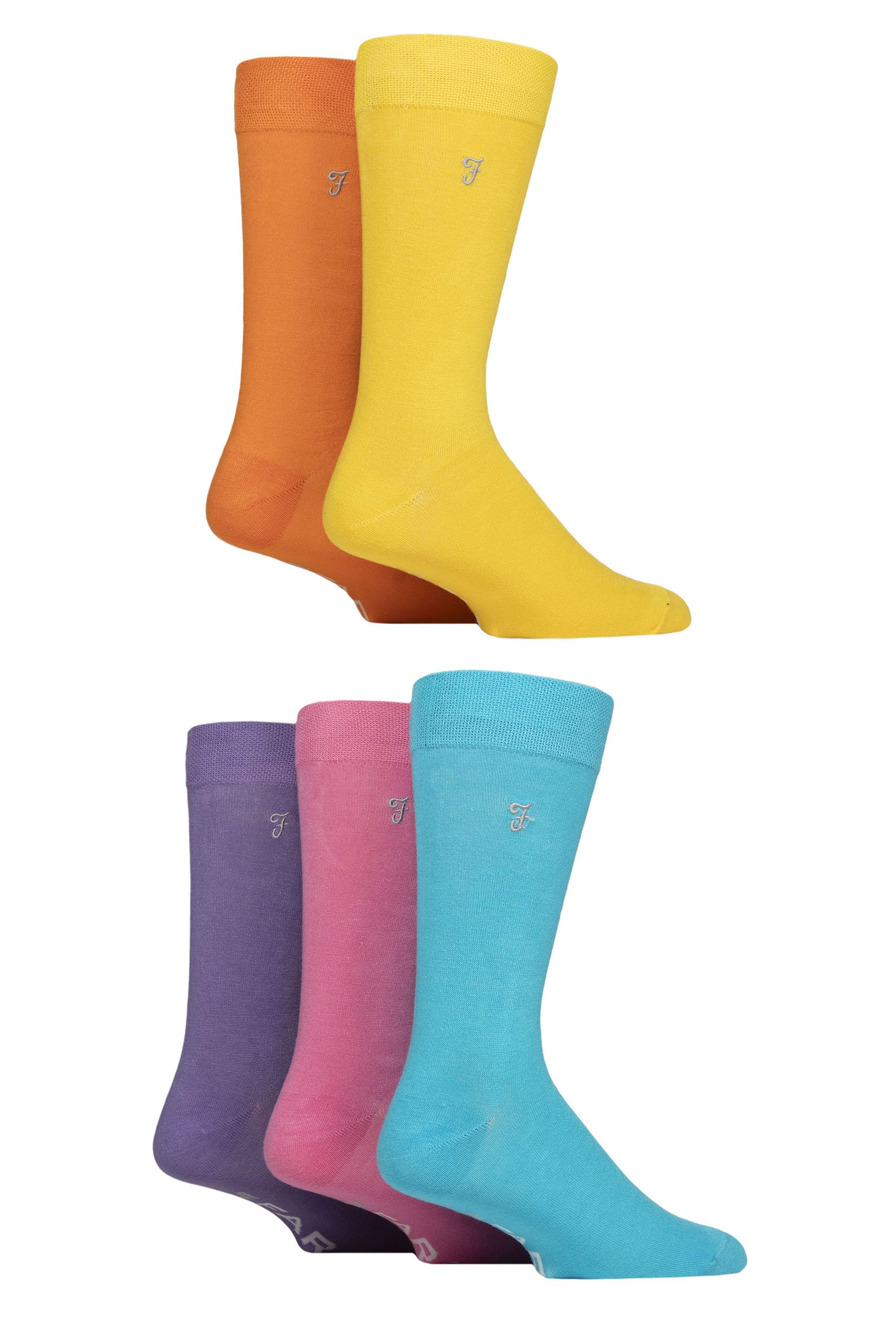 Farah Mens Bamboo Socks Plain and Patterned Striped Argyle Spotty Designs, Bright Colourful, Gift for Him, Dad, Husband 5 Pairs - Plain Yellow/Orange/Blue 6-11