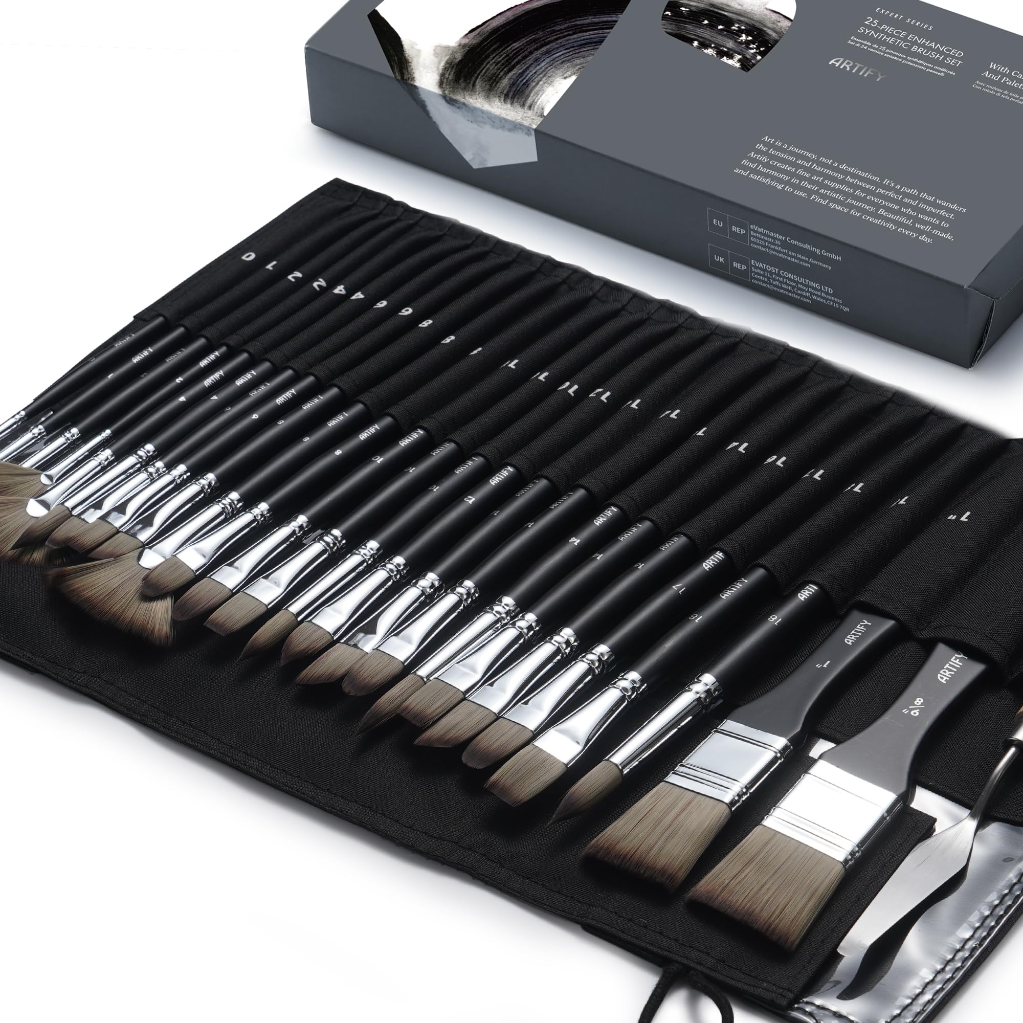 ARTIFY 24-teiliges Pinsel-Set, Expert-Serie, erweitertes Synthetisches Pinsel-Set mit Leinwandrolle und Palette für Acryl-Öl-Aquarell-Gouache (Schwarz)