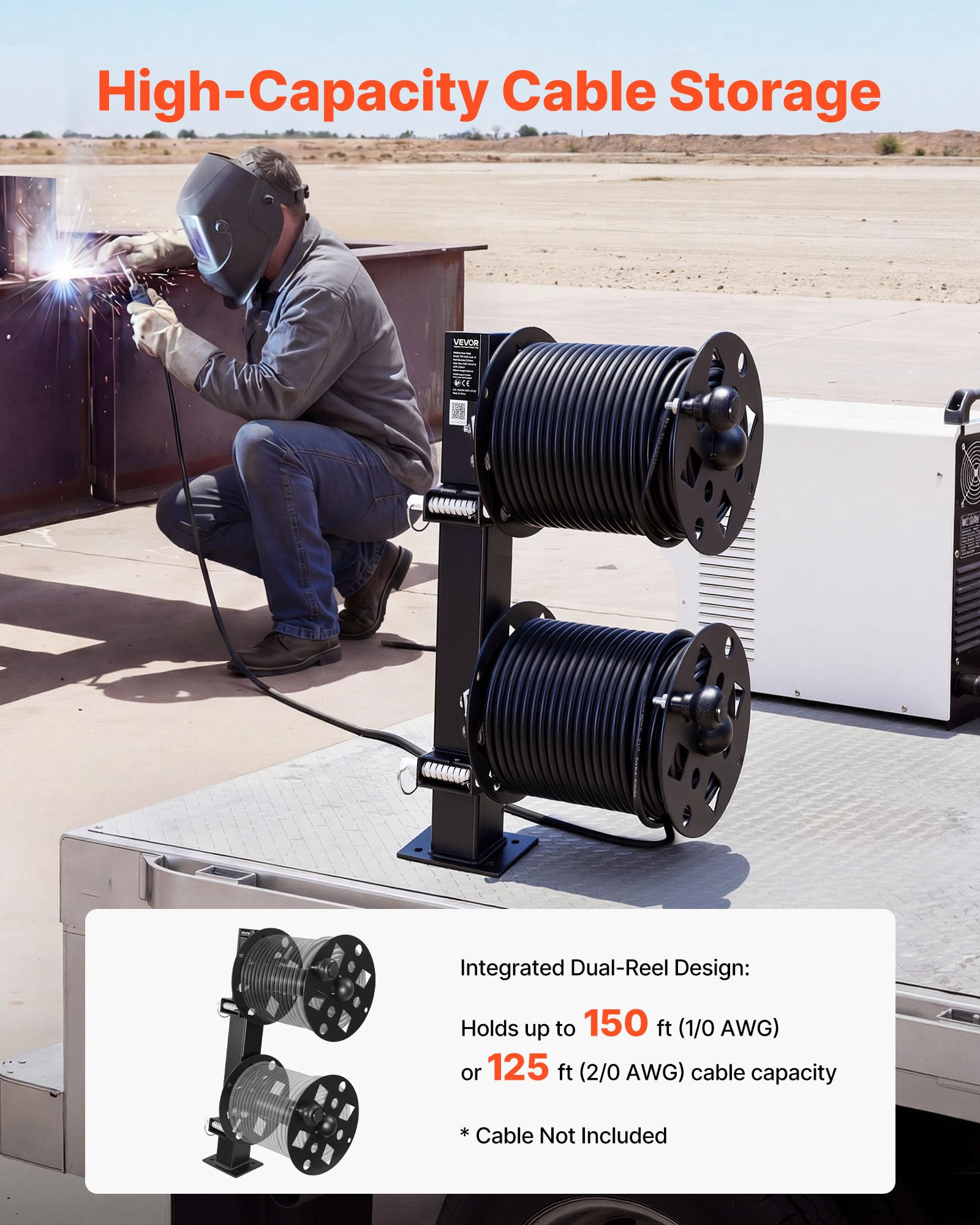 VEVOR Carrete de Cable de Soldadura Doble, Enrollador de Manguera de Acero para 45,7 m (50 mm²) y 38 m (70 mm²), con Pasador de Bloqueo para Camiones de Servicio, Mantenimiento de Flotas y Obras