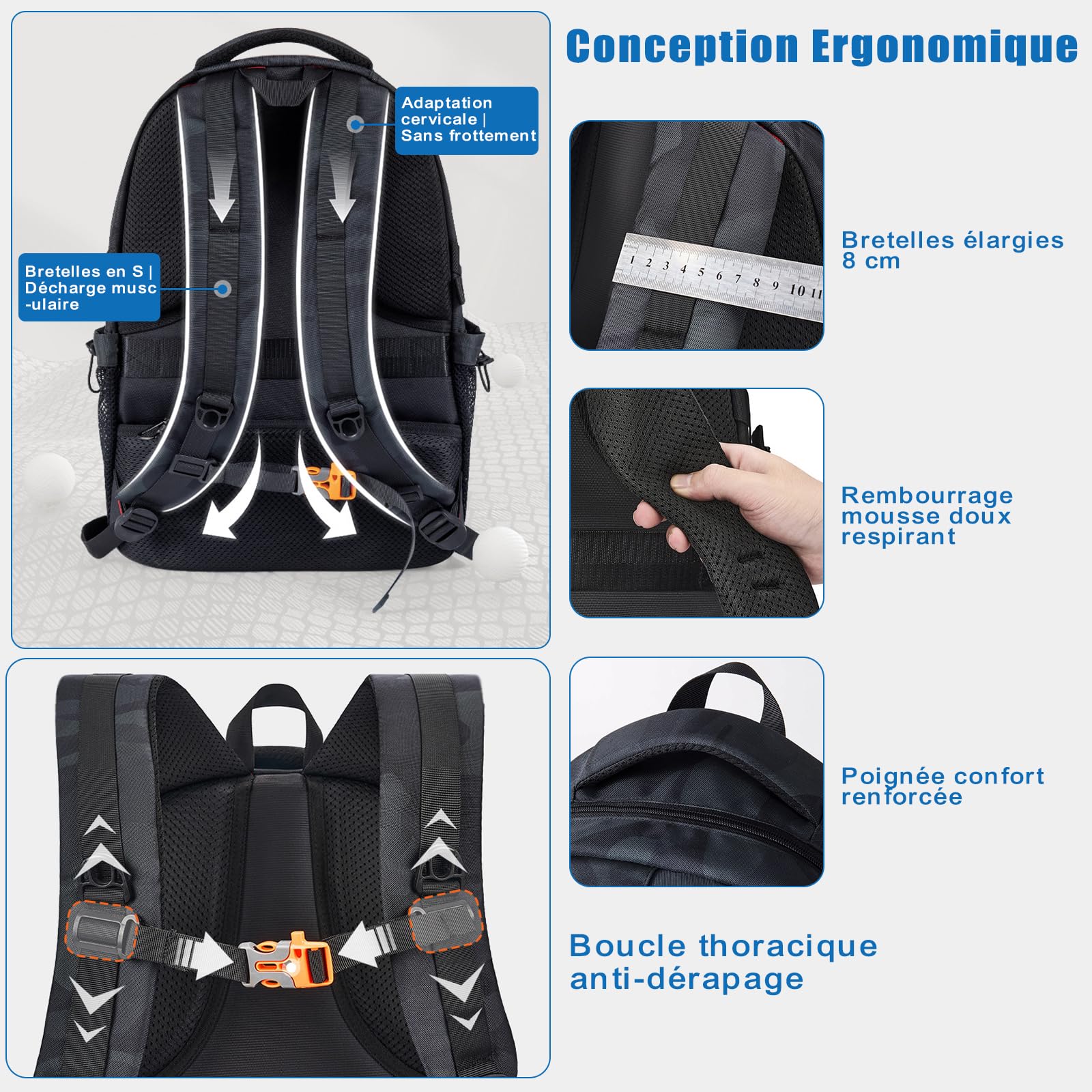 Cartable Garcon Primaire College 50cm Grande Sac à Dos Loisir Homme, Sacs Scolaire pour Ordinateur PC Portable 17 Pouces, Sacs pour Voyage Travail Affaire 12 13 14 15 16 17 18 19 20 10-23 Ans Ado Noir