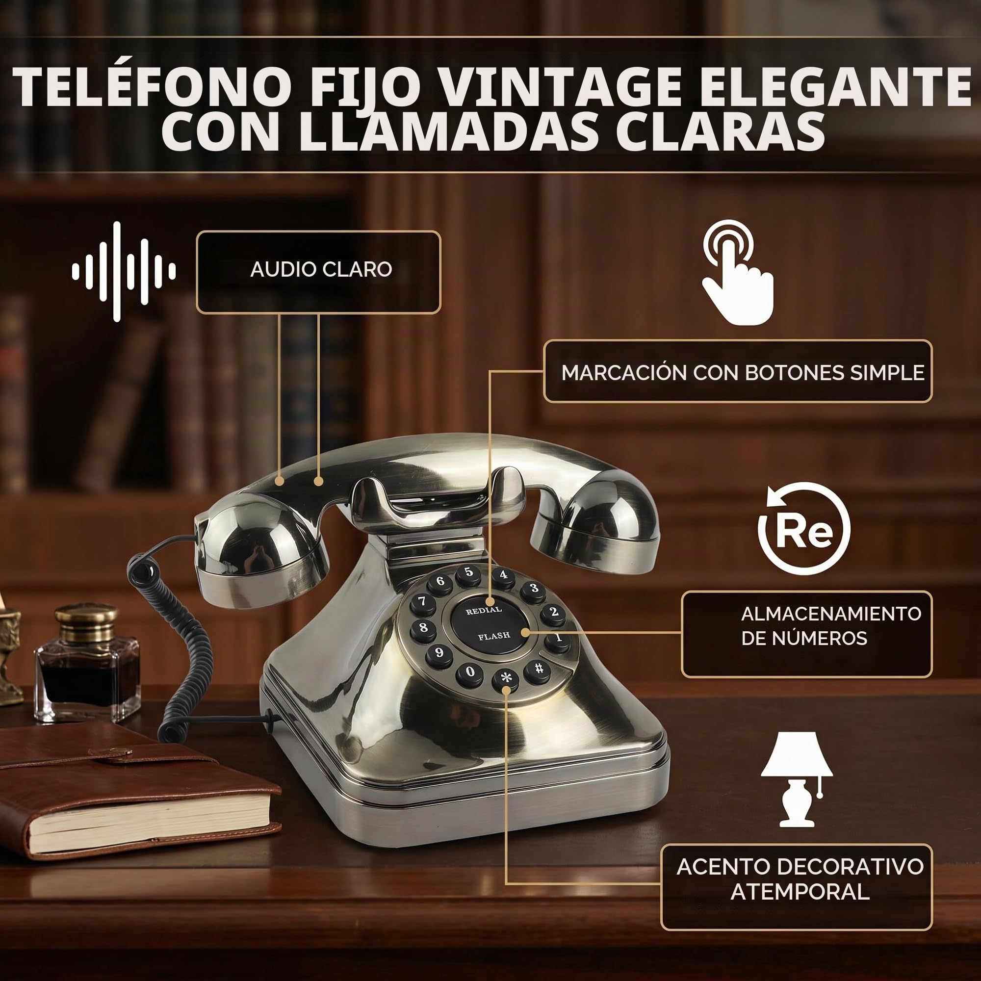 Aramox WX-3011# Teléfono de Bronce Antiguo, Teléfono Fijo Vintage con Reducción de Ruido y Almacenamiento de Números para Uso en la Oficina en el Hogar