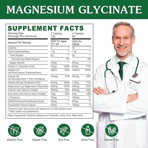 Miniatura 2 de Suplemento de glicinato de magnesio y L-teanina  Apoyo de relajación y cognición  Suplemento de magnesio de 400 mg con L-teanina, GABA, manzanilla,