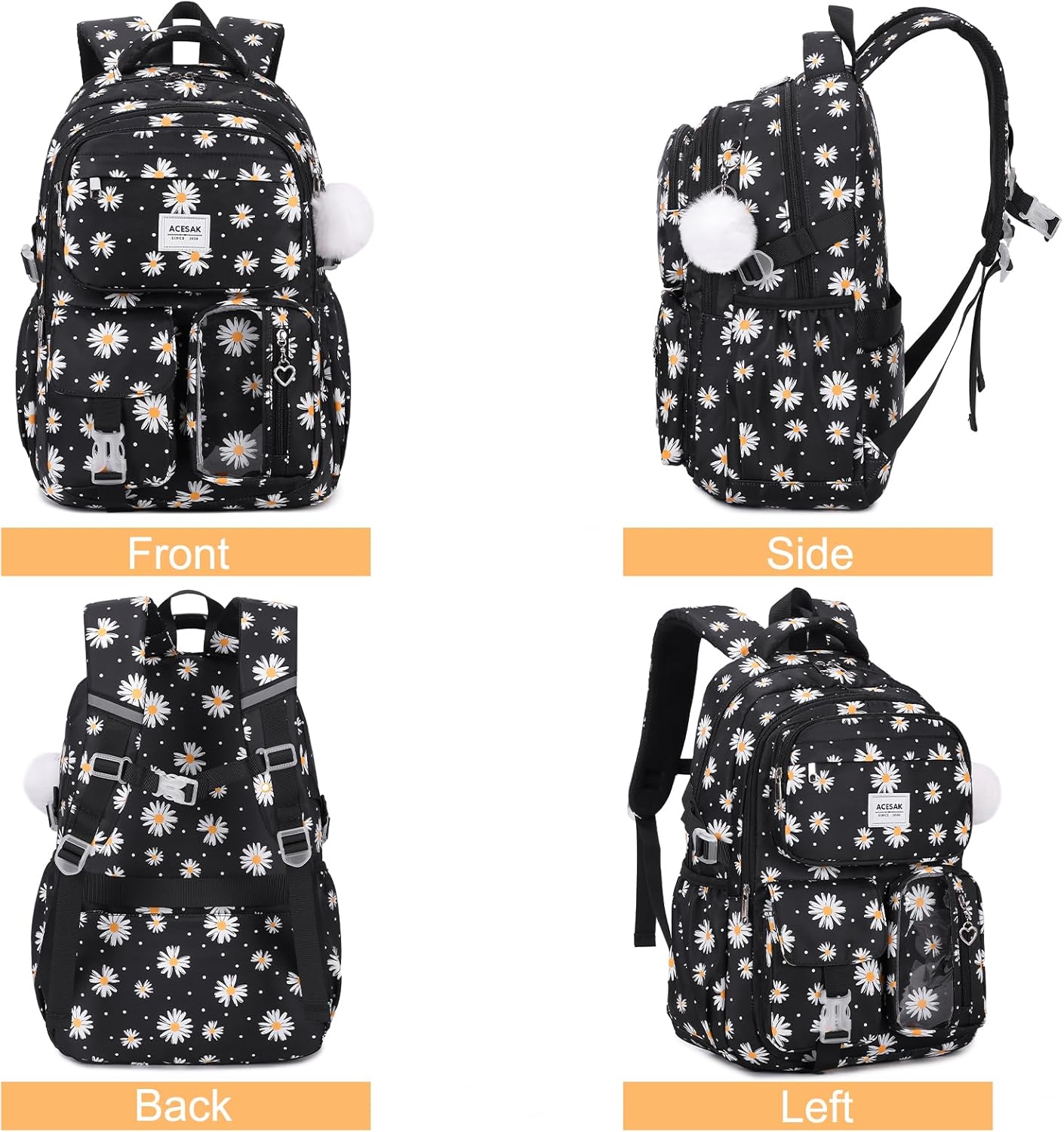 Backpack for Girls - Girls Backpack with Lunch Bag & Pencil Pouch for Teen Kids Laptop Backpack for Women, Elementary Middle High School Bookbag Travel Daypack (Black Daisy) - Image 6