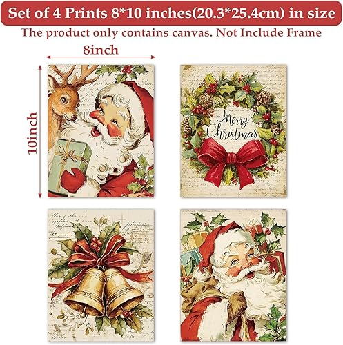Miniatura 2 de Whaline 4 impresiones artísticas navideñas de Papá Noel, reno, bayas de acebo, pósteres de papel vintage para invierno, Navidad, hogar, oficina,