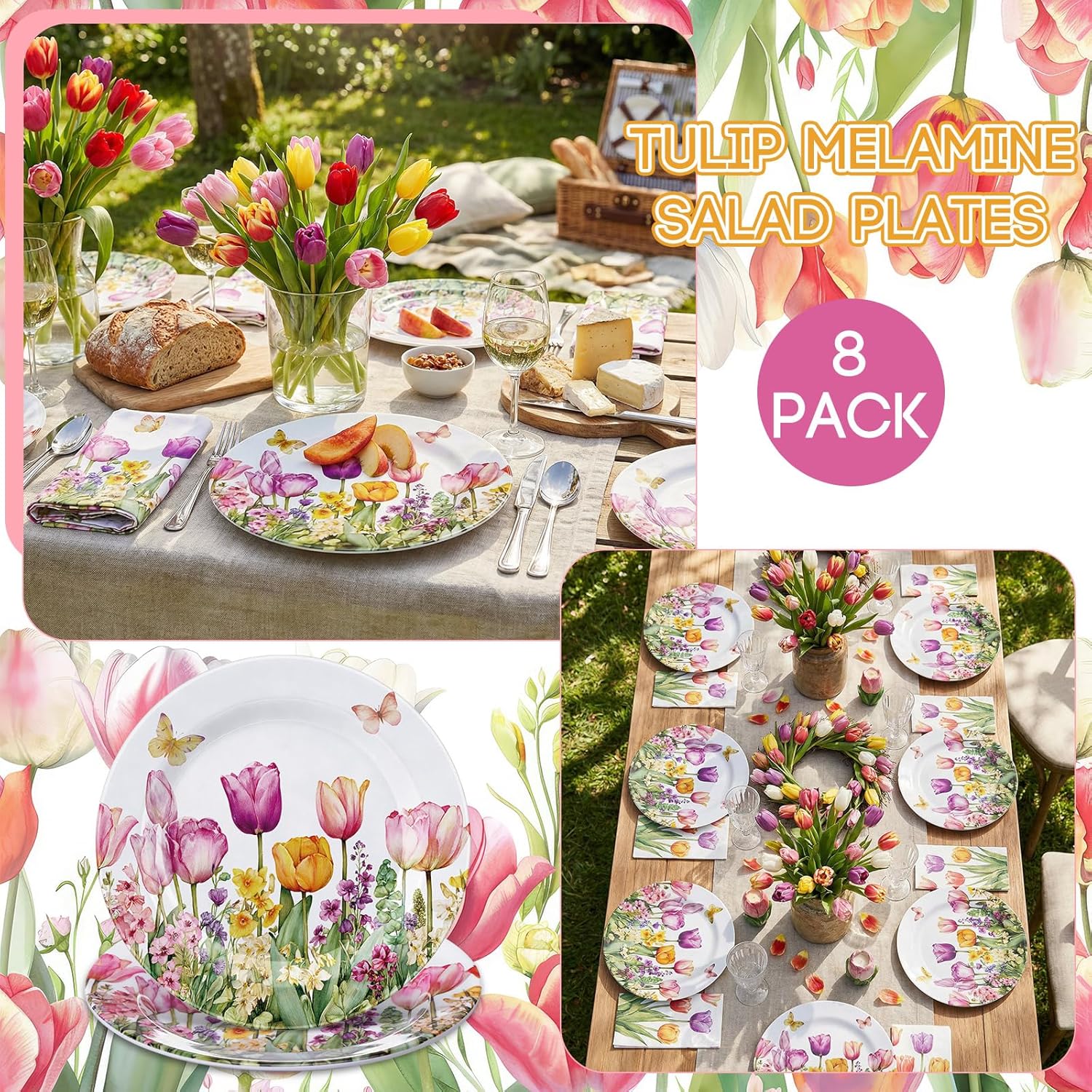 Qinyoung 8 Pcs Tulip Salad Plates 8" Melamine Spring Dinner Plates Plastic Dishes Summer Dinnerware for Wedding Baby Shower Birthday Party Supplies Table Decorations