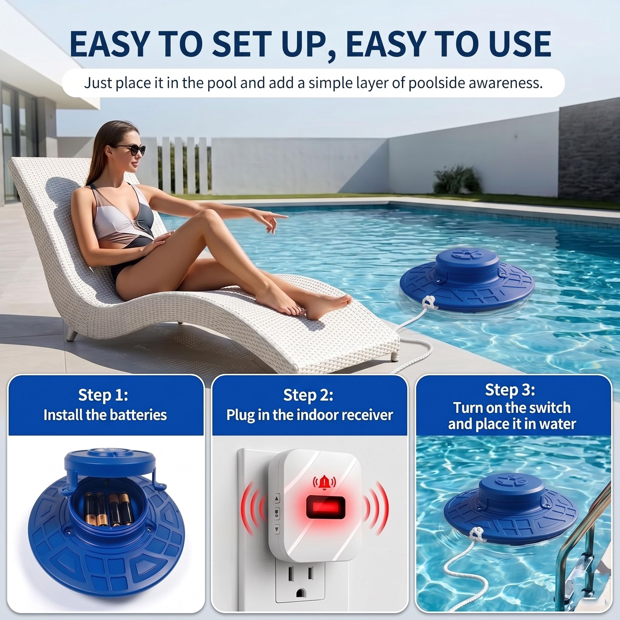 Alarme de piscine flottante avec récepteur intérieur, 85 dB ultra fort détecteur de mouvement pour piscines creusées et hors sol – Sensibilité réglable pour la sécurité des enfants et des animaux
