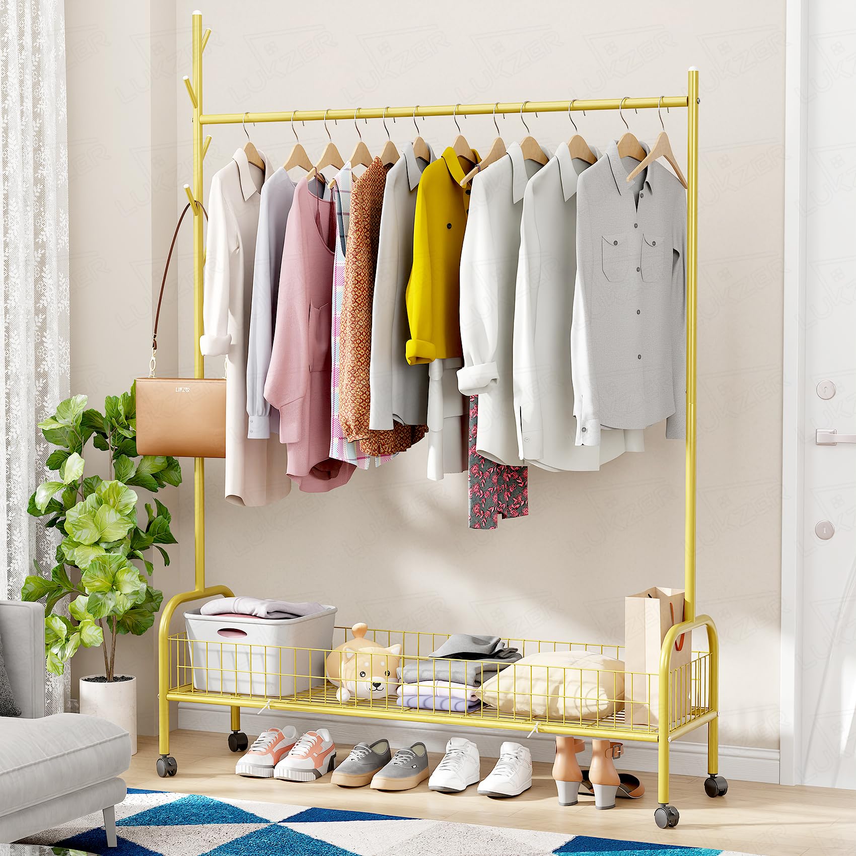 Lukzer | MGR-003 | Gold | Metal Clothes Hanging Stand with Wheels, Bottom Shelf & Single Rod – Stylish Garment Rack & Cloth Organizer for Entryway, Dressing Room & More | 173 x 110 x 35 cm