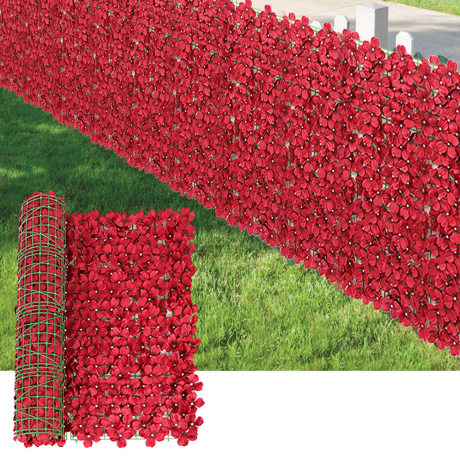 Artificial Floral Privacy Fence Screen, 300X50cm Faux Ivy Fence Covering Privacy Flower Grass Wall Backdrop for Outdoor Garden Patio Balcony (Red)